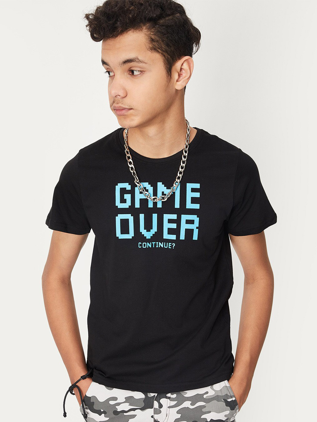 

max Boys Typography Printed Pure Cotton T-shirt, Black