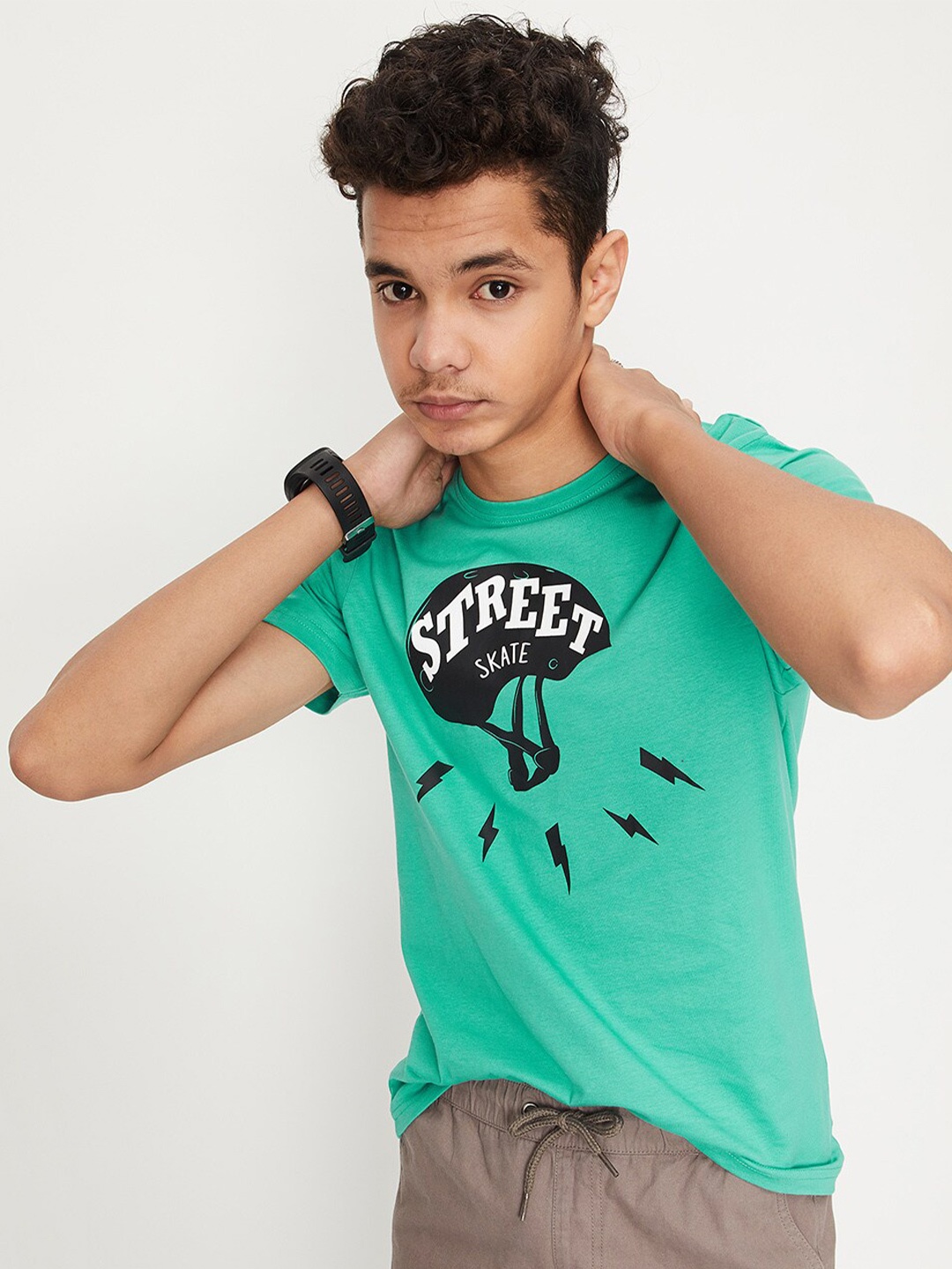 

max Boys Pure Cotton Typography Printed T-shirt, Green
