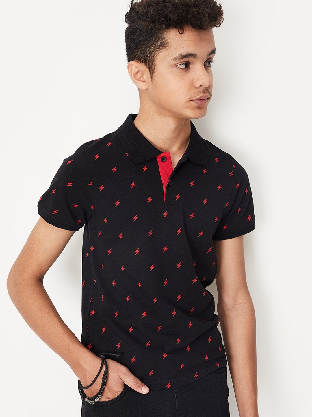 

max Boys Conversational Printed Polo Collar Pure Cotton T-shirt, Black