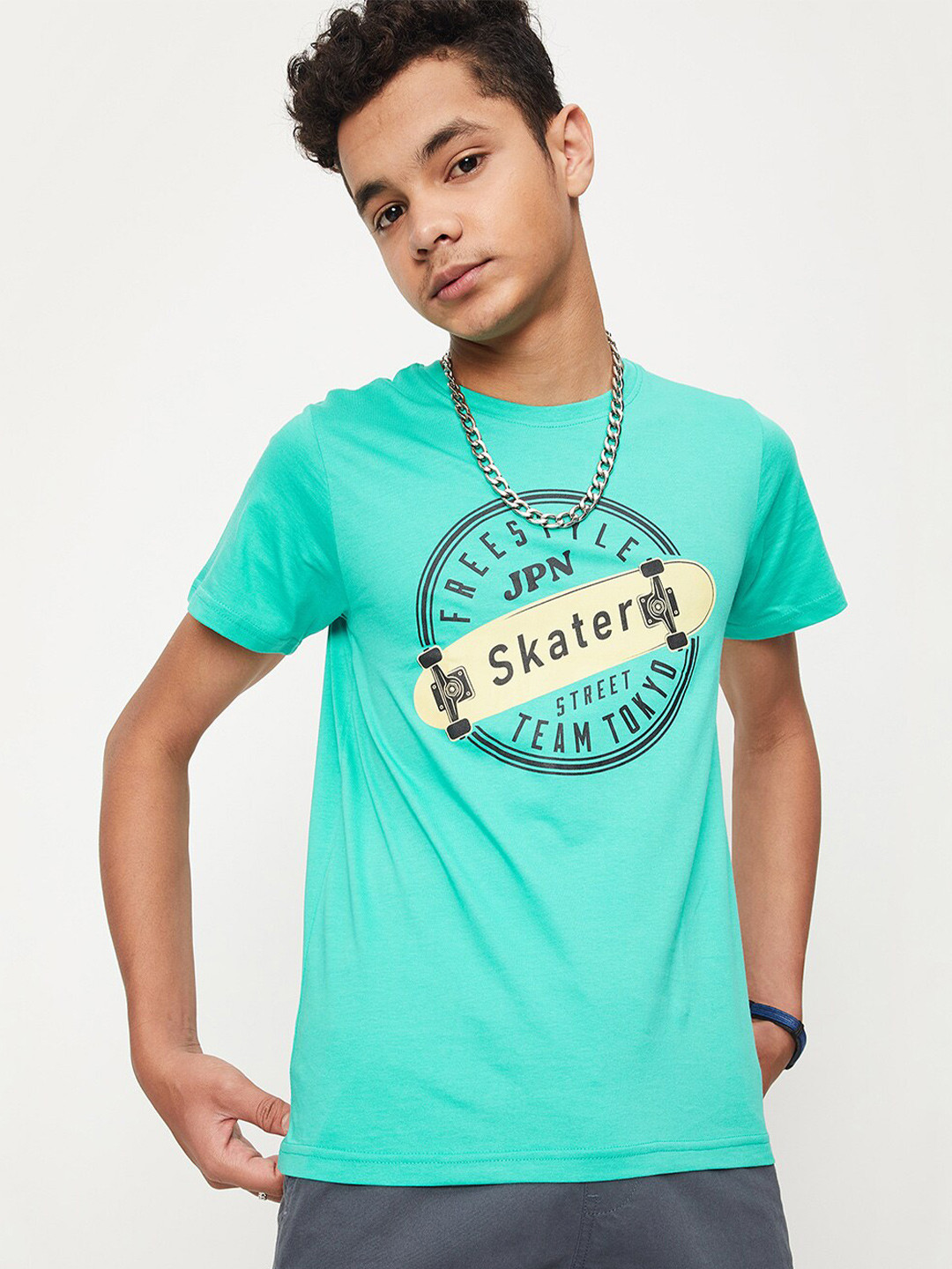 

max Boys Typography Printed Cotton T-shirt, Green