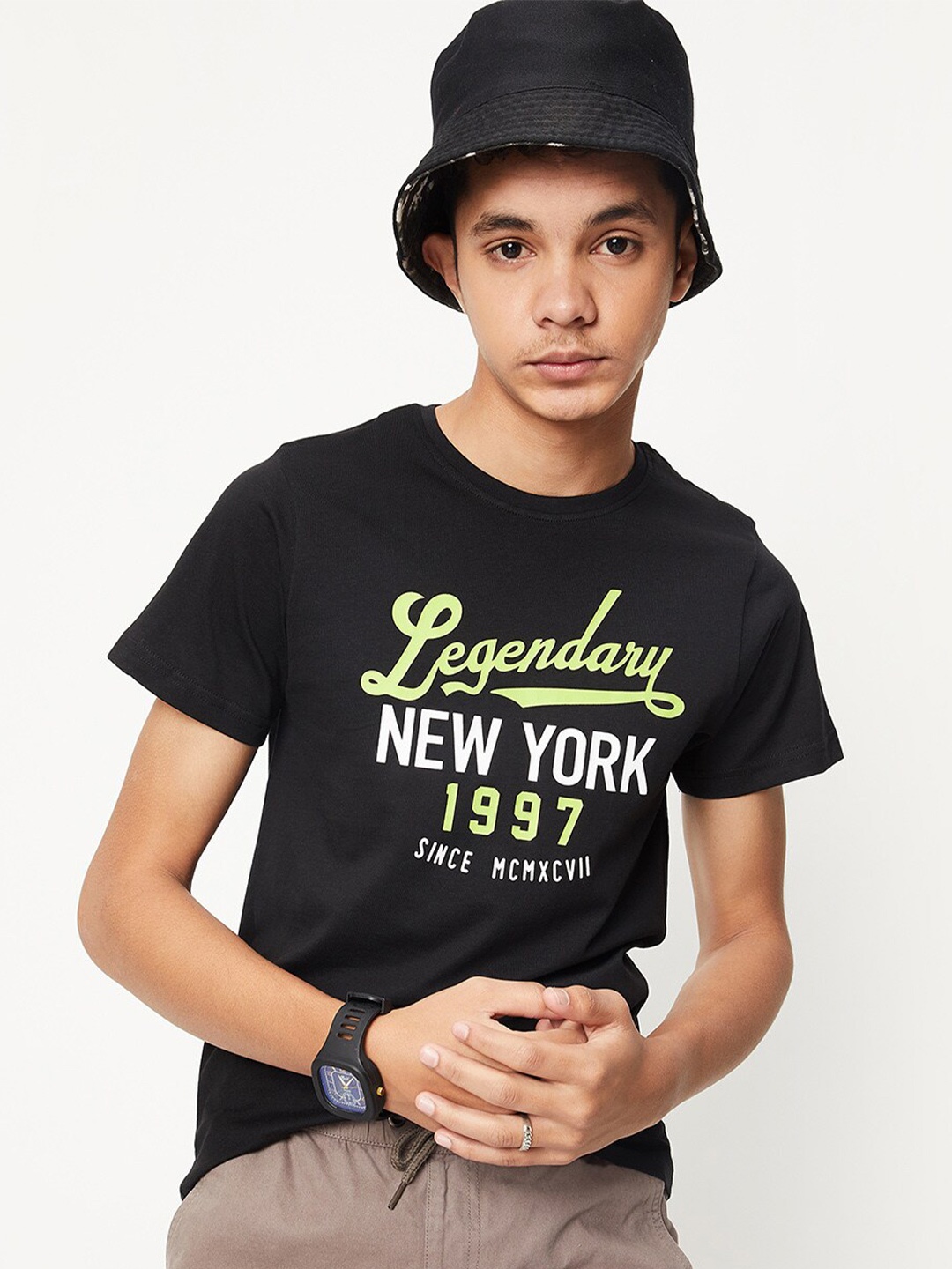 

max Boys Typography Printed Cotton T-shirt, Black