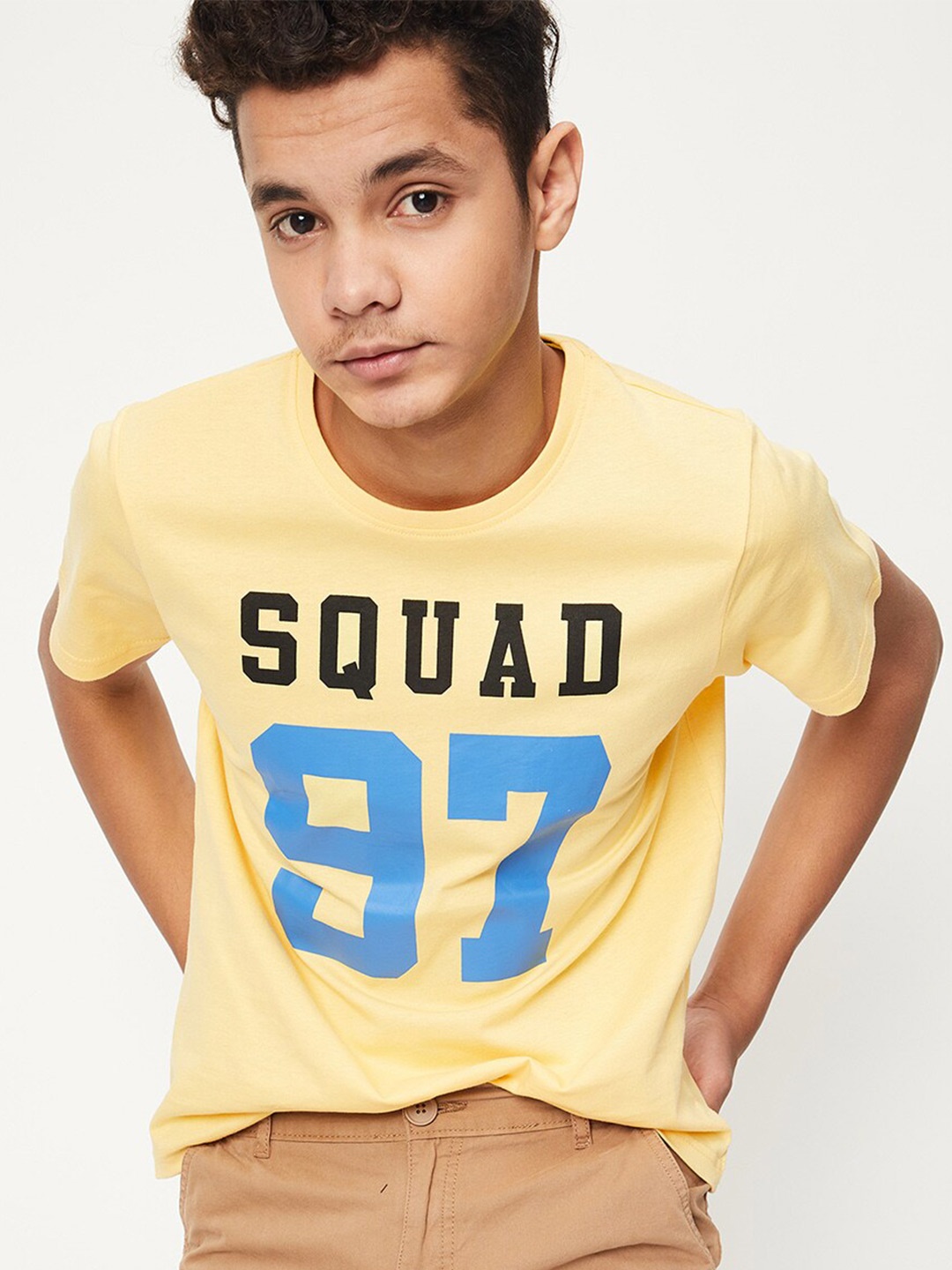 

max Boys Typography Printed Round Neck Pure Cotton T-shirt, Yellow
