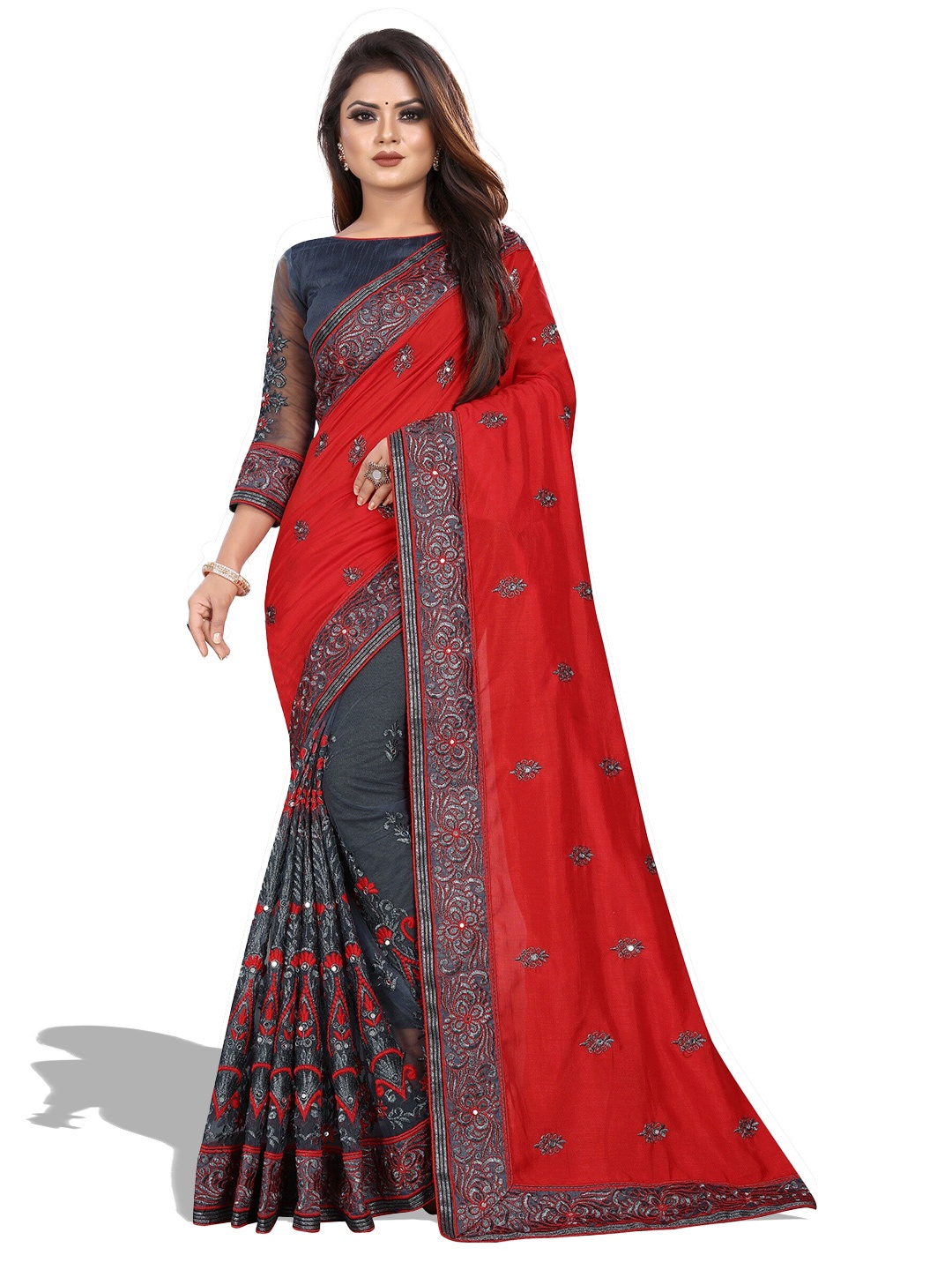 

B Bella Creation Ethnic Motifs Embroidered Mirror Work Saree, Red