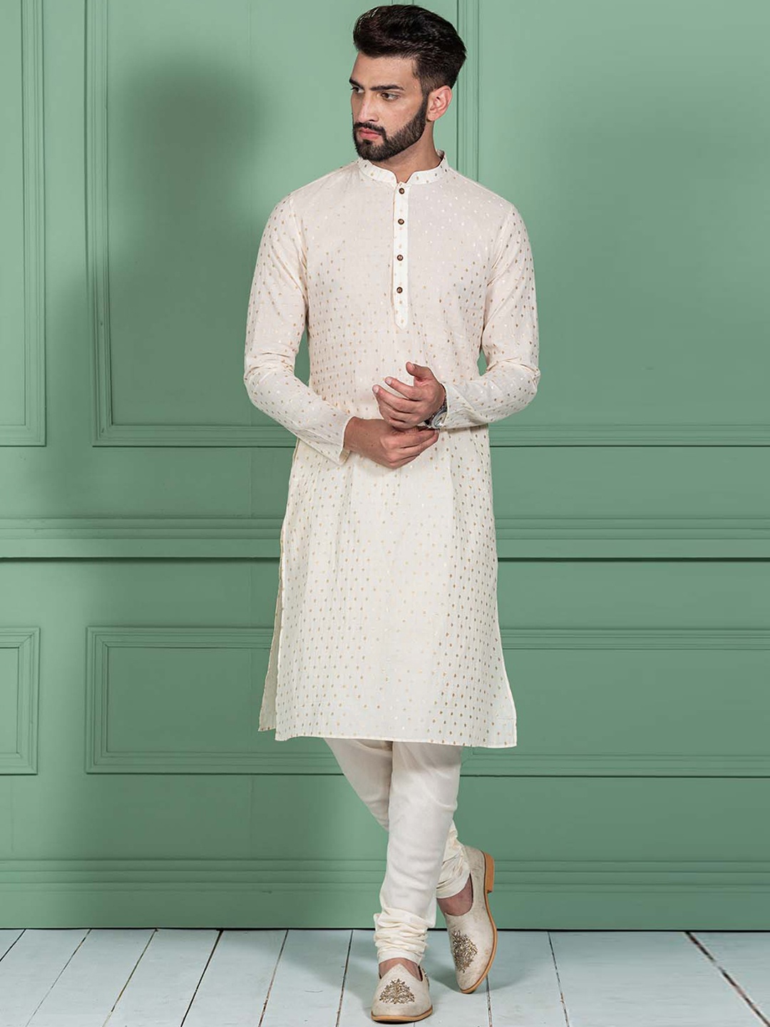 

KISAH Geometric Woven Design Mandarin Collar Straight Kurta, White