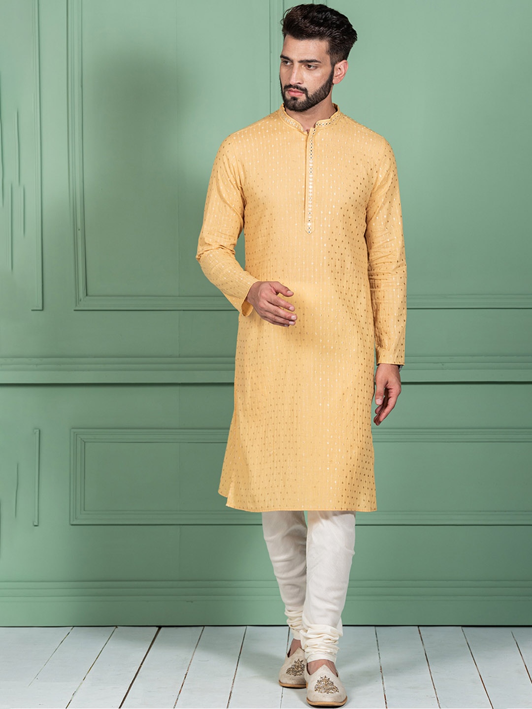 

KISAH Striped Thread Work Mandarin Collar Cotton Kurta, Yellow