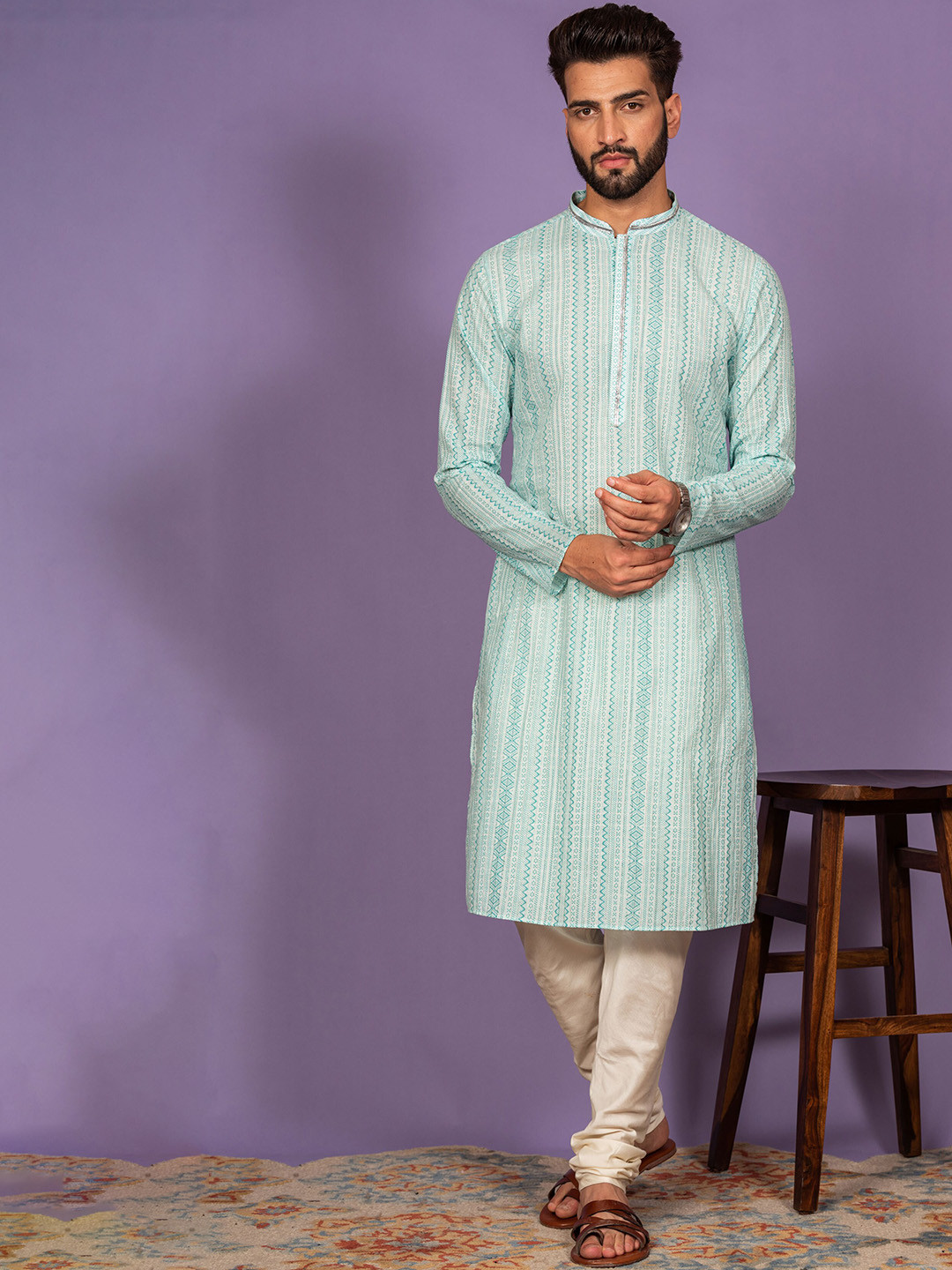 

KISAH Chevron Printed Mandarin Collar Cotton Kurta, Green