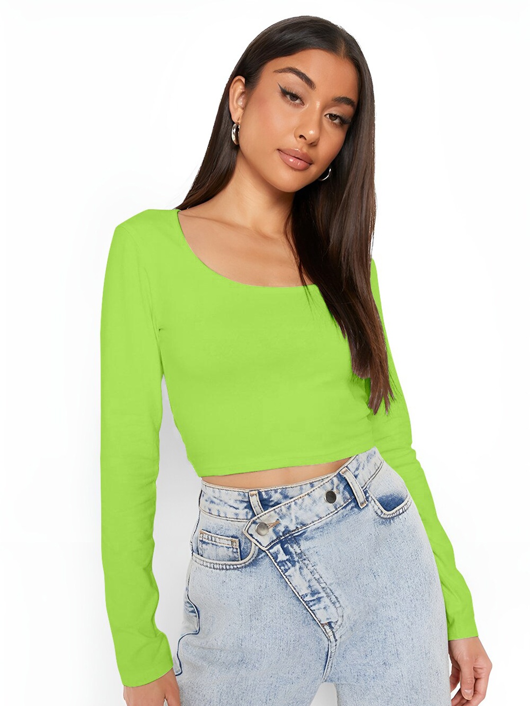 

AUSK Scoop Neck Cotton Fitted Crop Top, Lime green