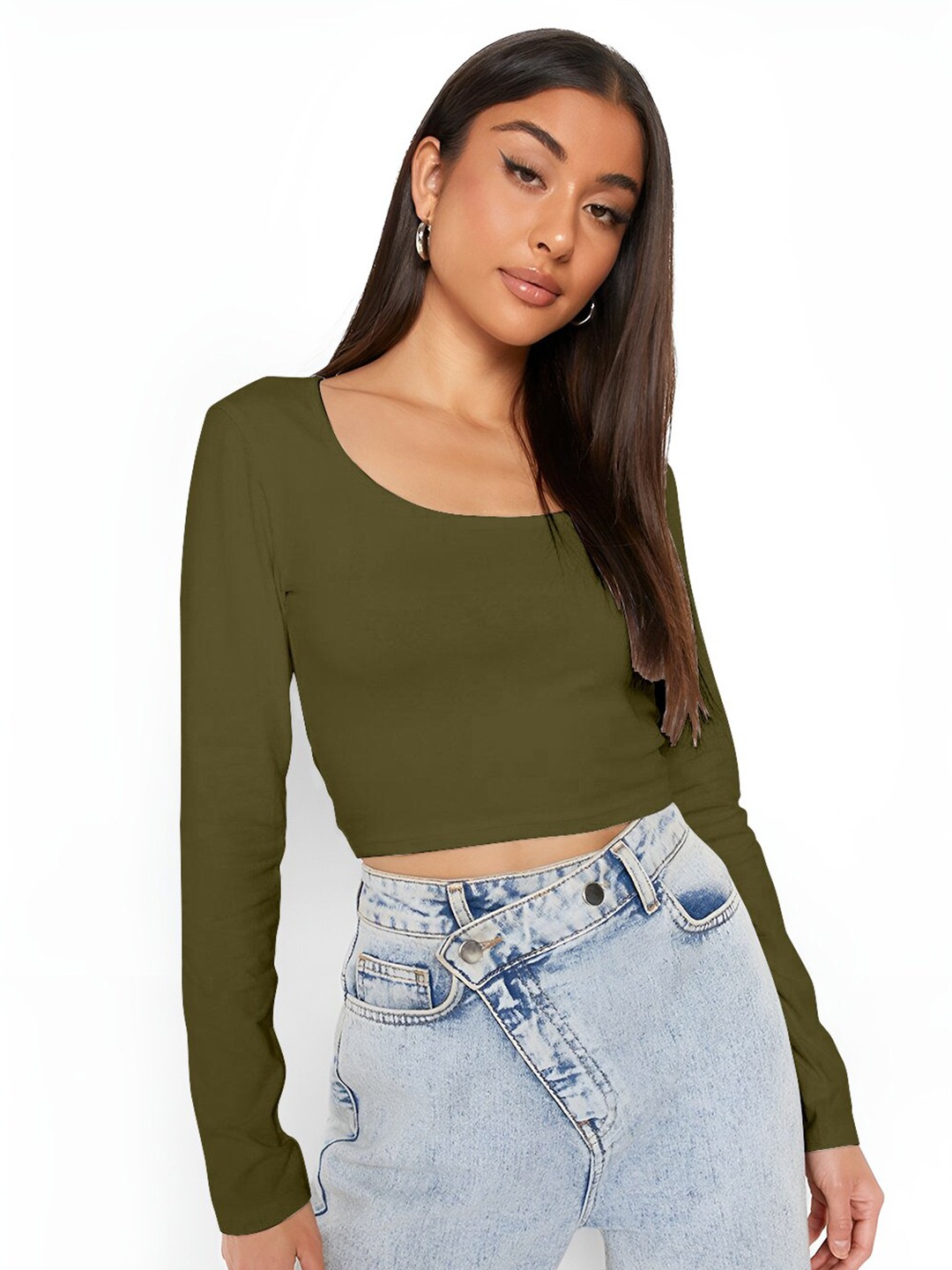 

AUSK Scoop Neck Cotton Fitted Crop Top, Olive