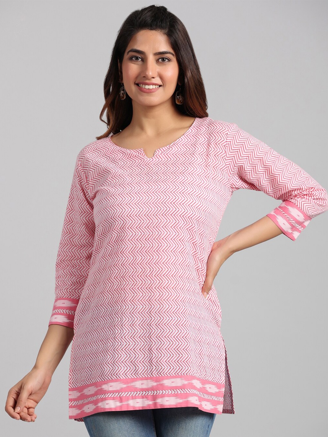 

PARCHHAI Geometric Printed Longline Cotton Top, Pink