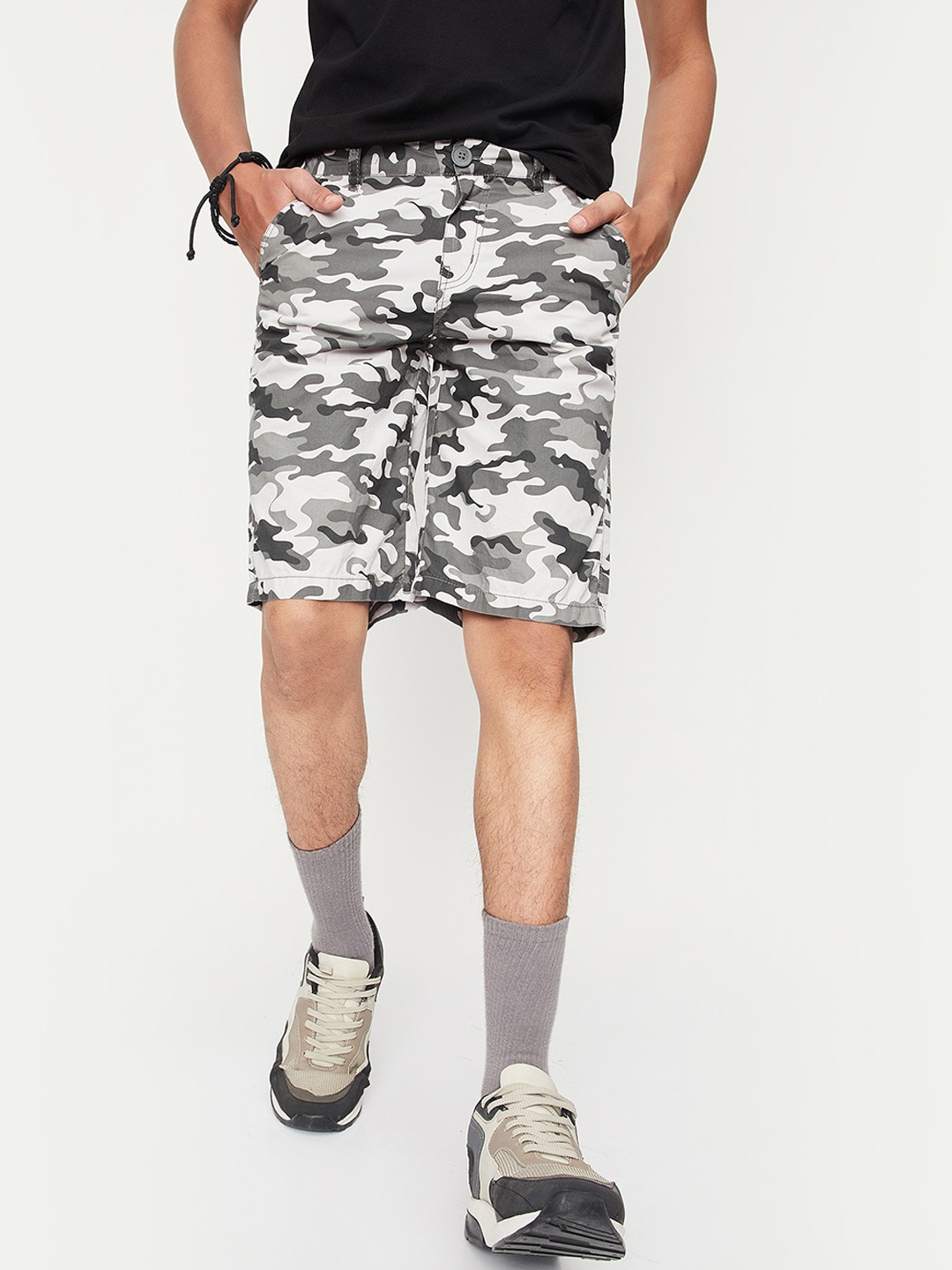 

max Teens Boys Camouflage Printed Pure Cotton Sports Shorts, Grey