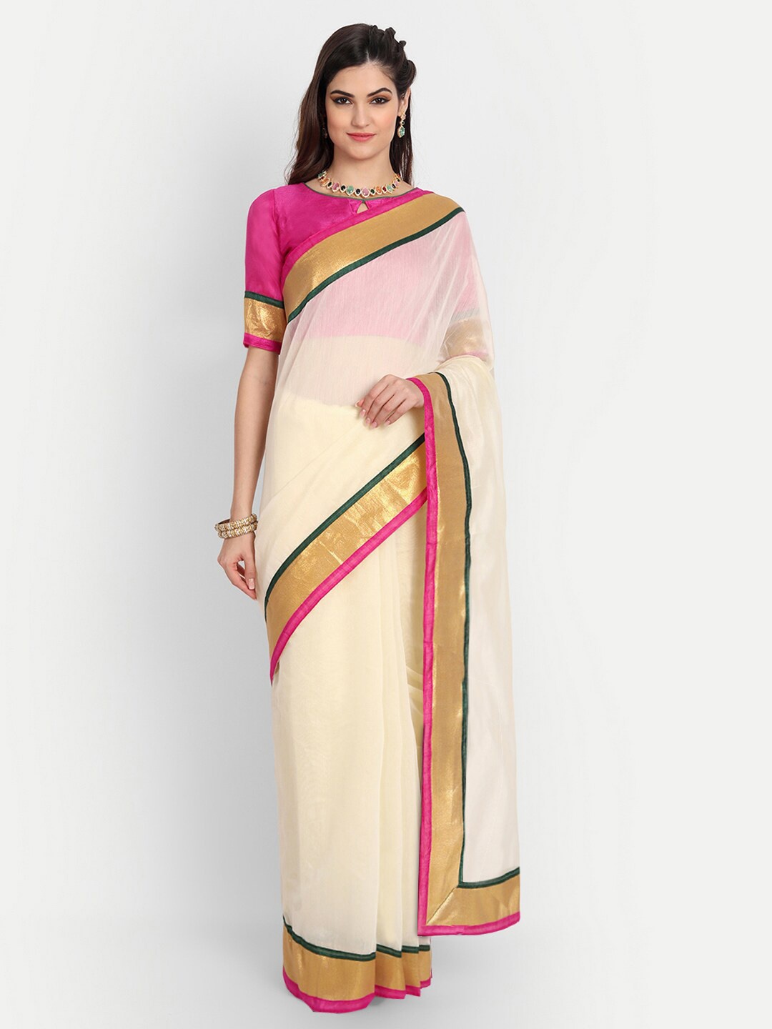 

MotiHamir Zari Pure Cotton Chanderi Saree, Cream