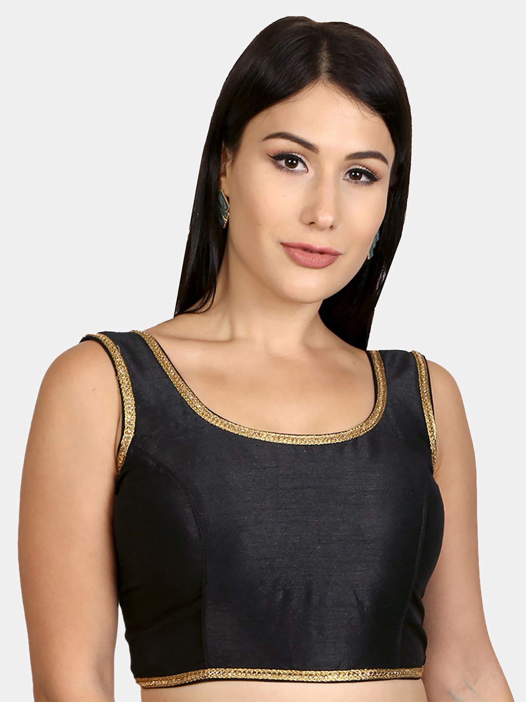 

neckbook Padded Sleeveless Round Neck Dupion Silk Saree Blouse, Black
