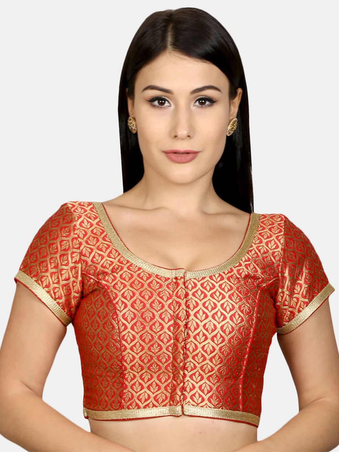 

neckbook Woven Design Short Sleeves Padded Brocade Saree Blouse, Red