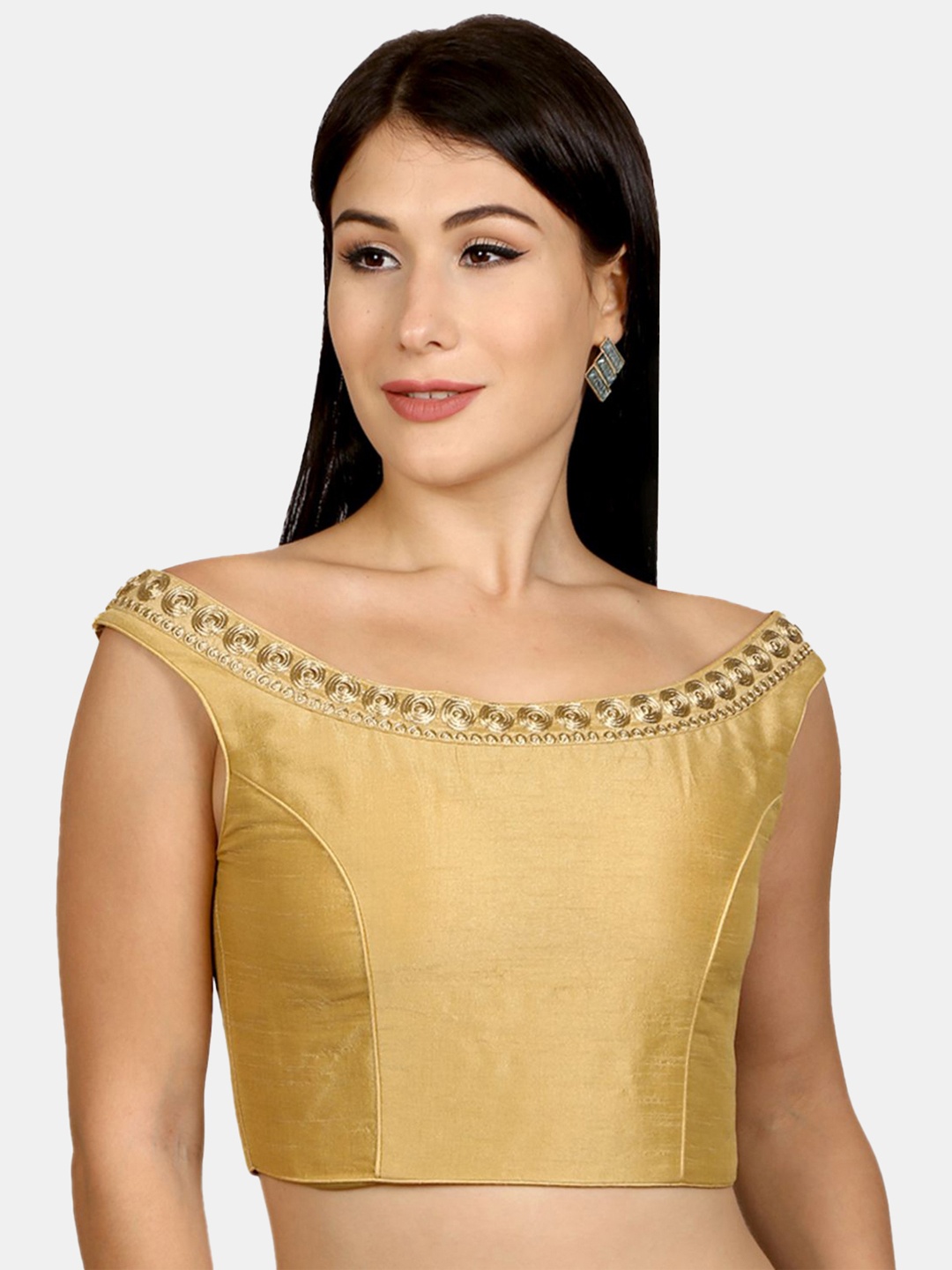 

neckbook Padded Off Shoulder Dupion Silk Readymade Saree Blouse, Gold