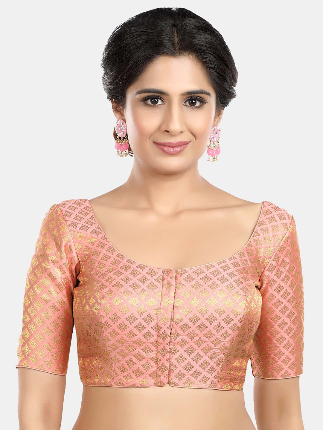 

neckbook Woven Design Round Neck Princess Cut Padded Brocade Readymade Saree Blouse, Peach