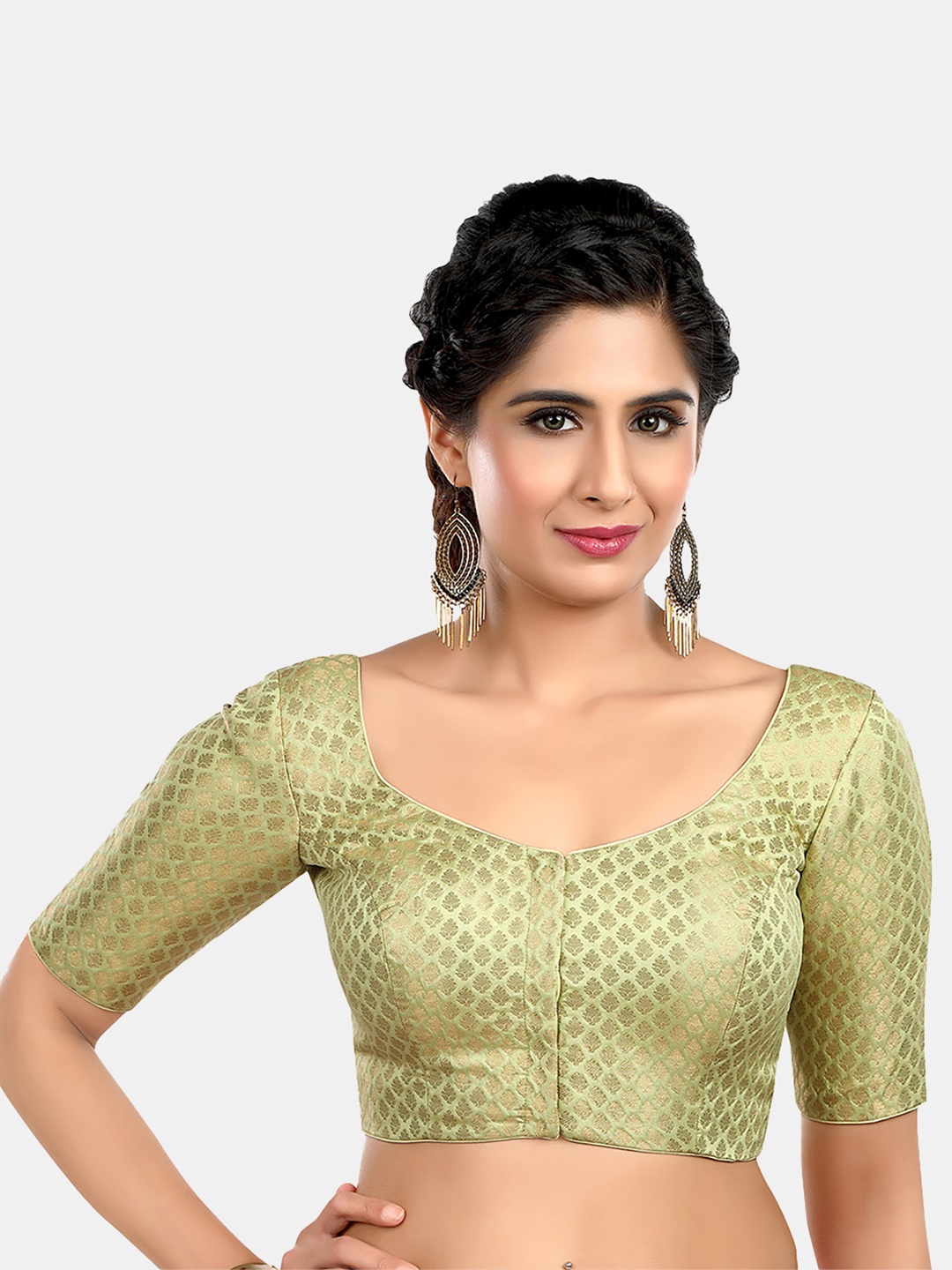 

neckbook Woven design Brocade Padded Readymade Saree Blouse, Green