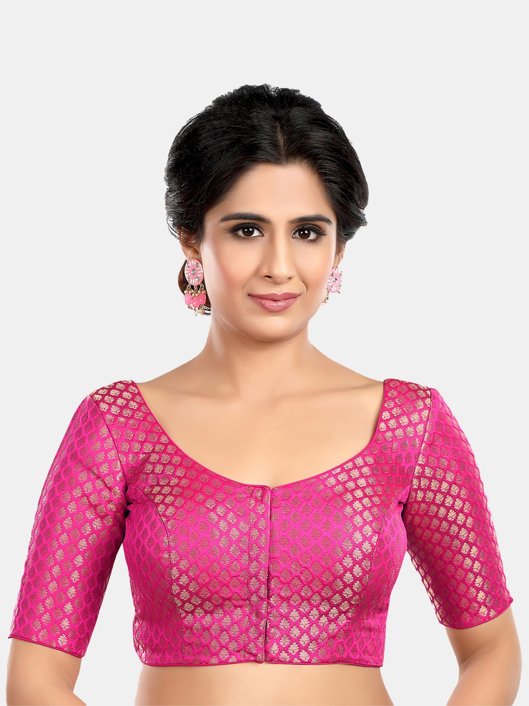 

neckbook Woven Design Brocade Padded Saree Blouse, Pink