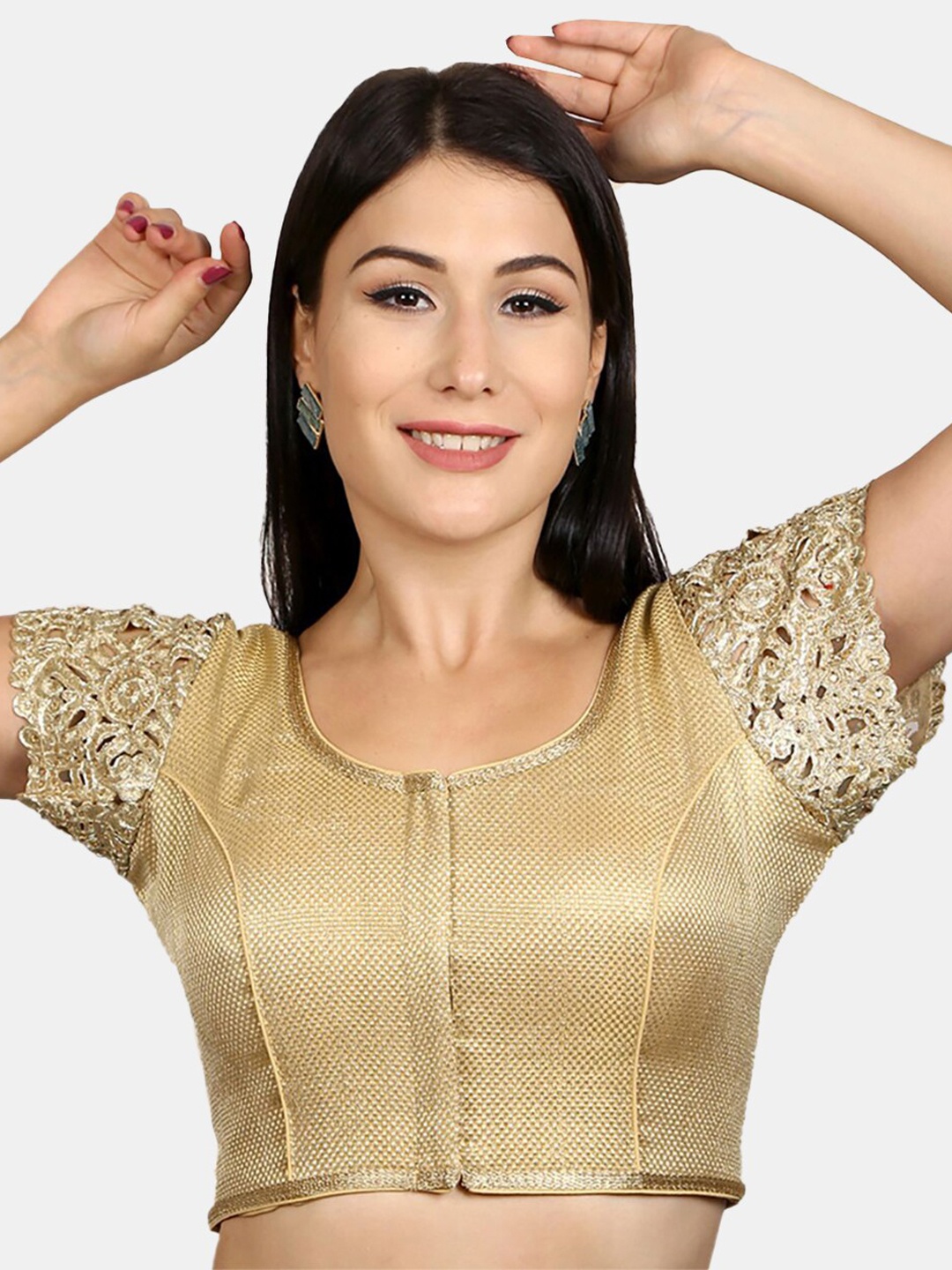 

neckbook Woven Design Brocade Short Cutwork Sleeves Padded Readymade Saree Blouse, Gold