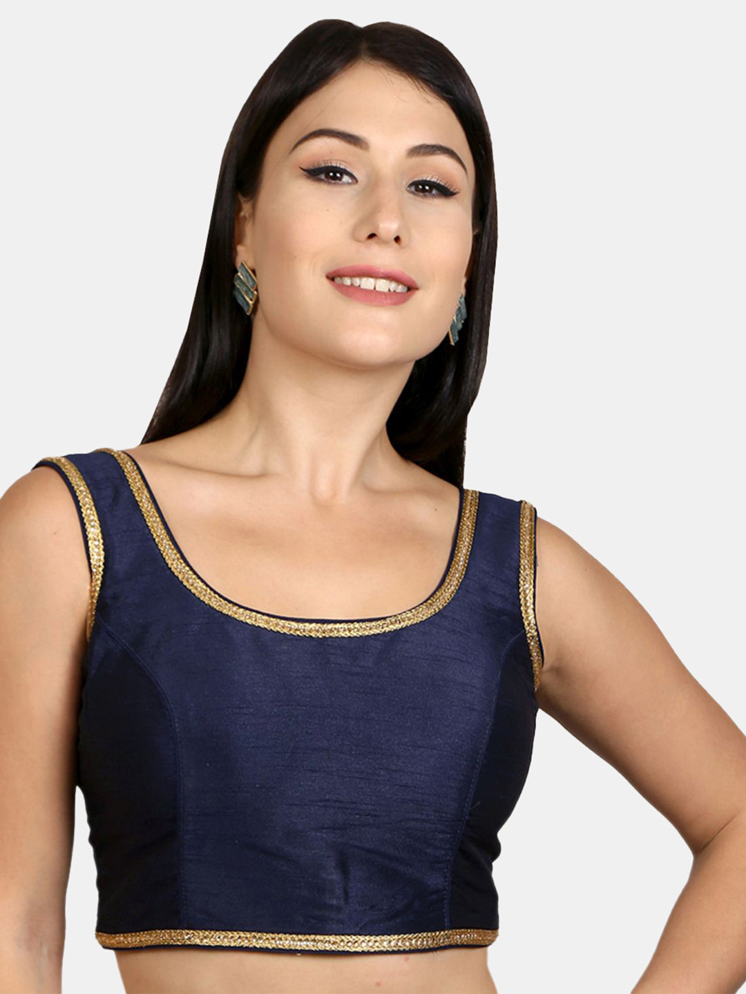 

neckbook Art Silk Stone Work Lace Padded Readymade Saree Blouse, Navy blue