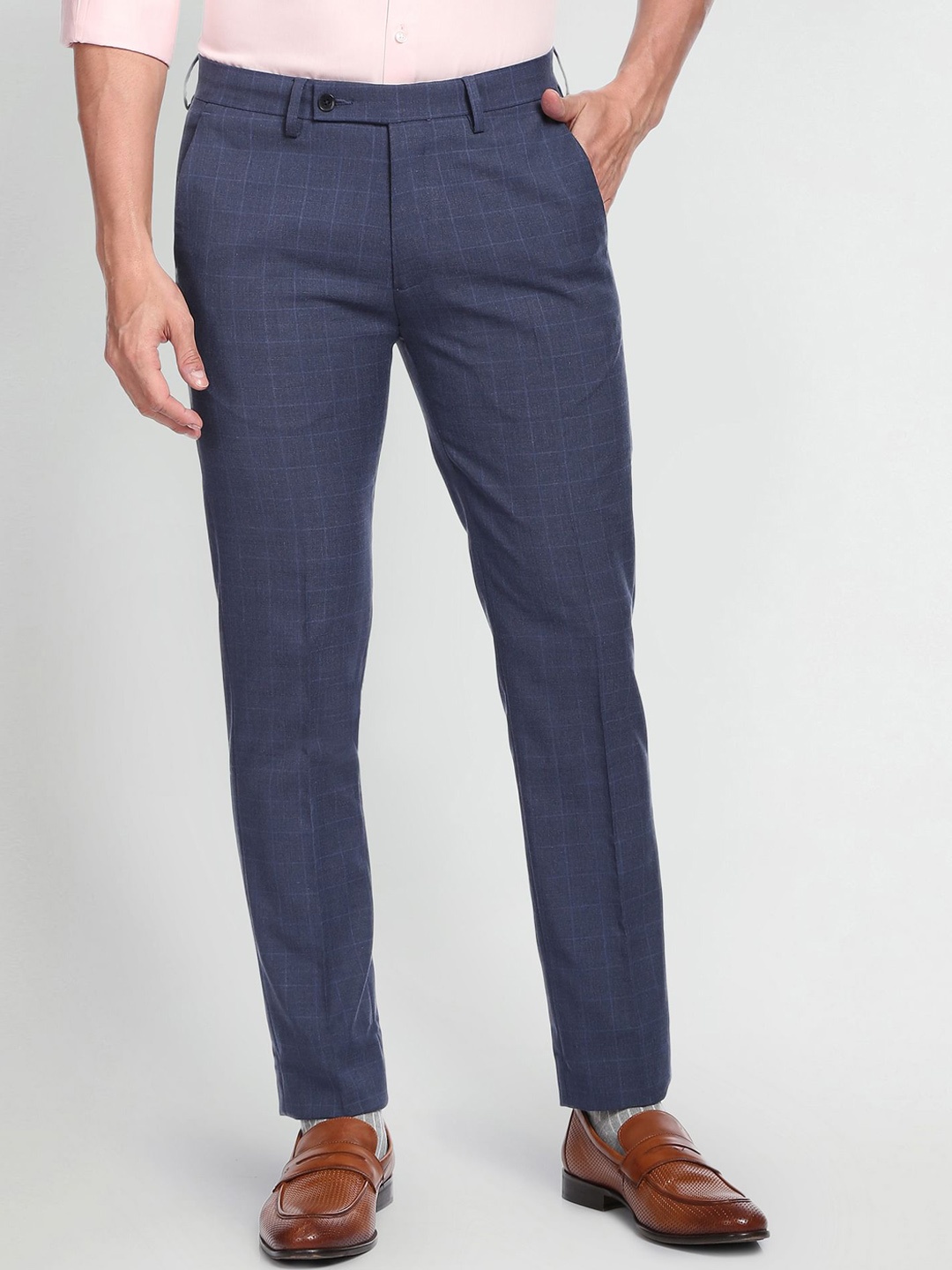 

Arrow Men Checked Slim Fit Formal Trousers, Blue