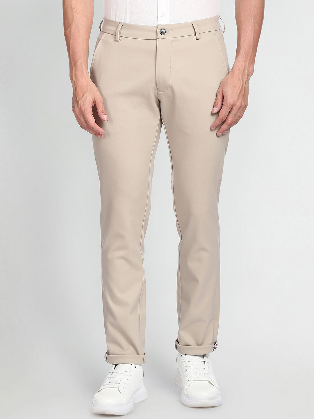 

Arrow Sport Men Slim Fit Low Rise Autoflex Casual Trousers, Beige