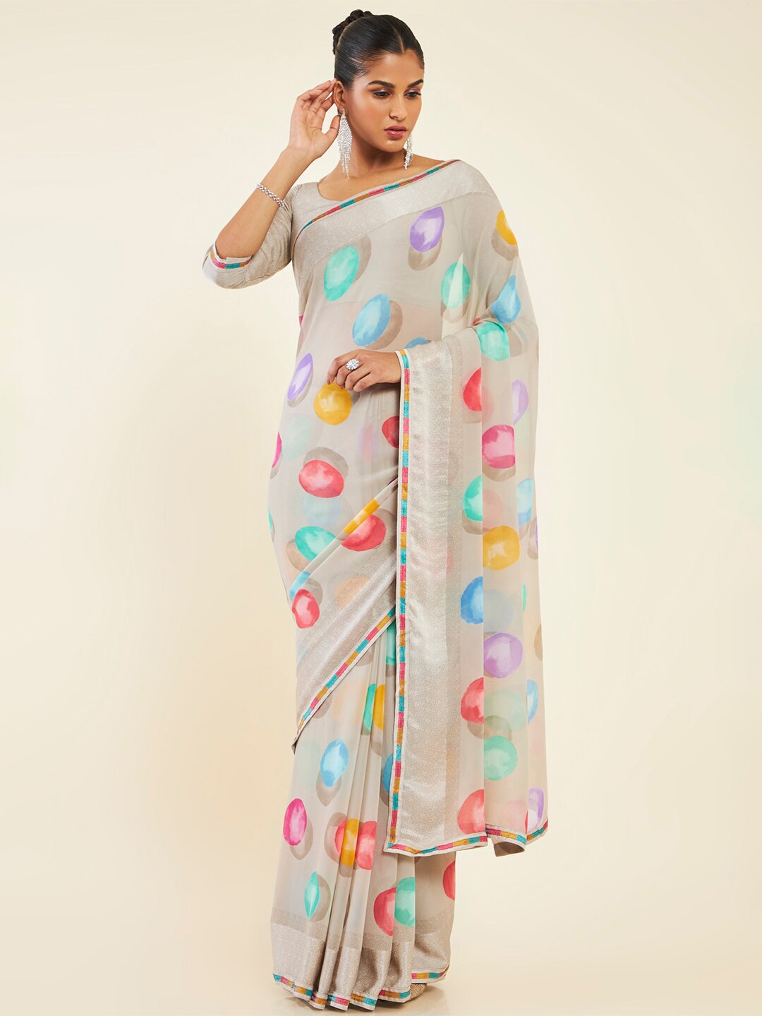 

Soch Polka Dots Printed Pure Georgette Saree, Beige