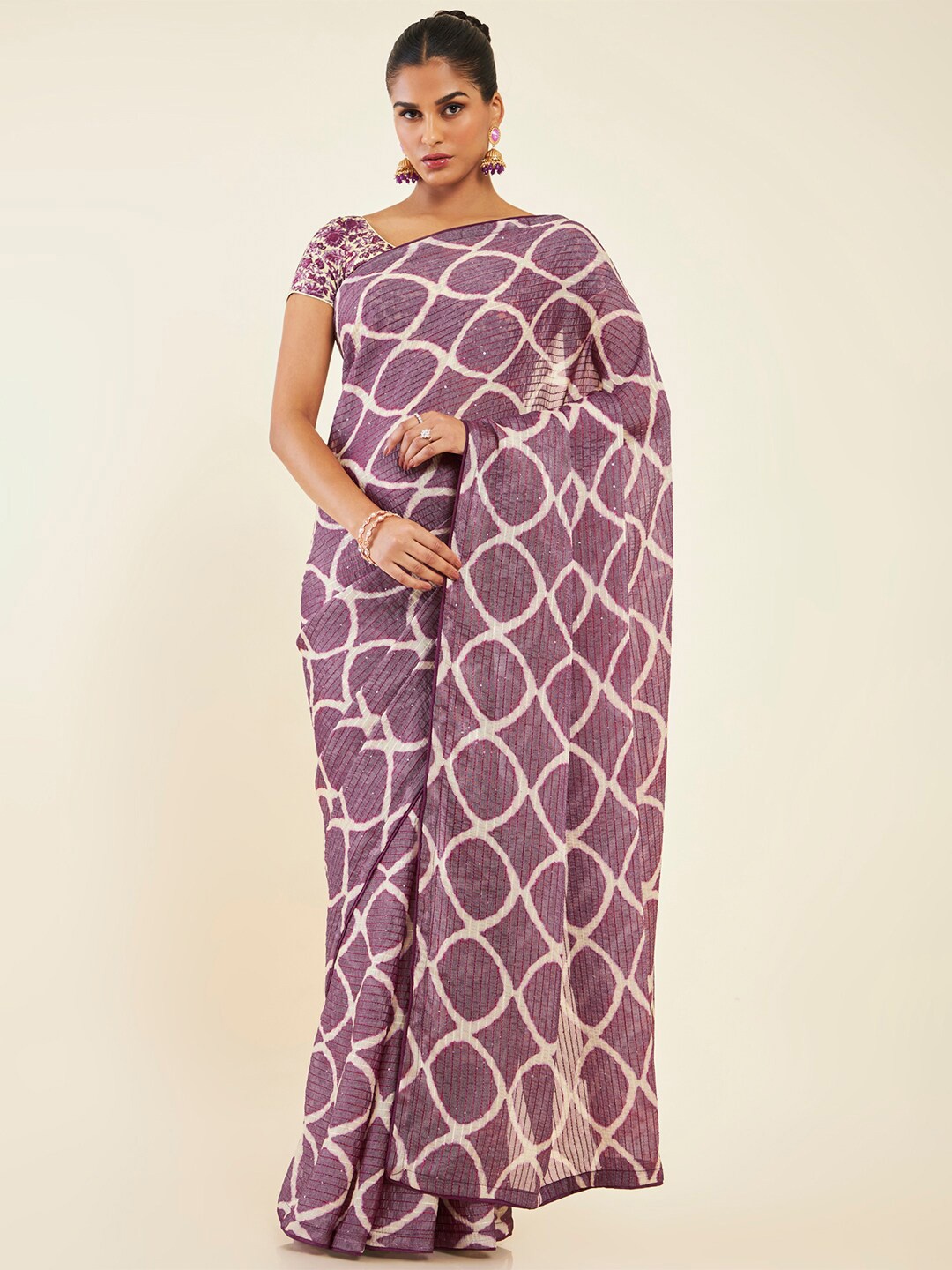 

Soch Geometric Printed Sequinned Pure Chiffon Saree, Purple
