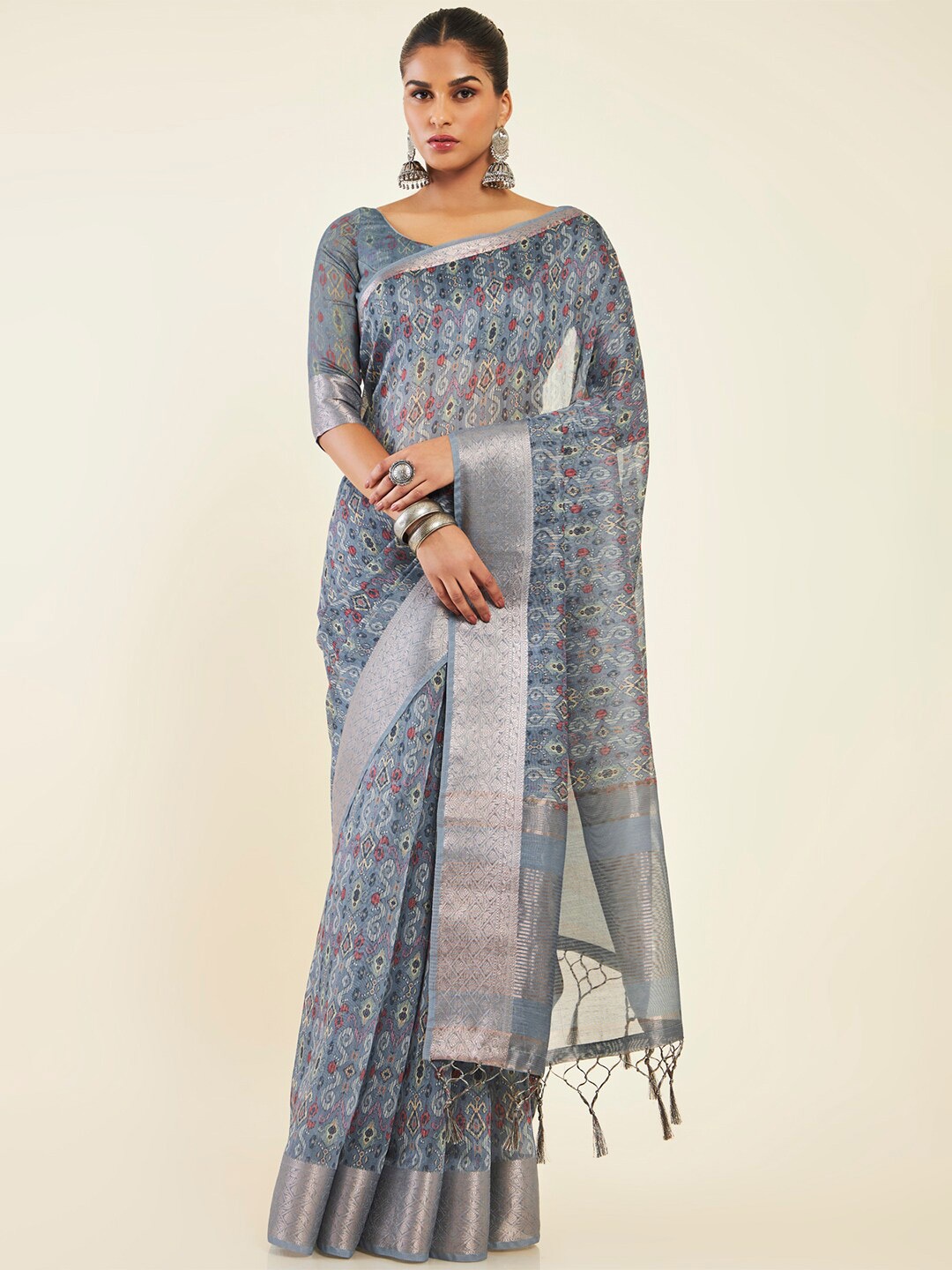 

Soch Ethnic Motifs Pure Silk Chanderi Zari Saree With Tassel, Grey