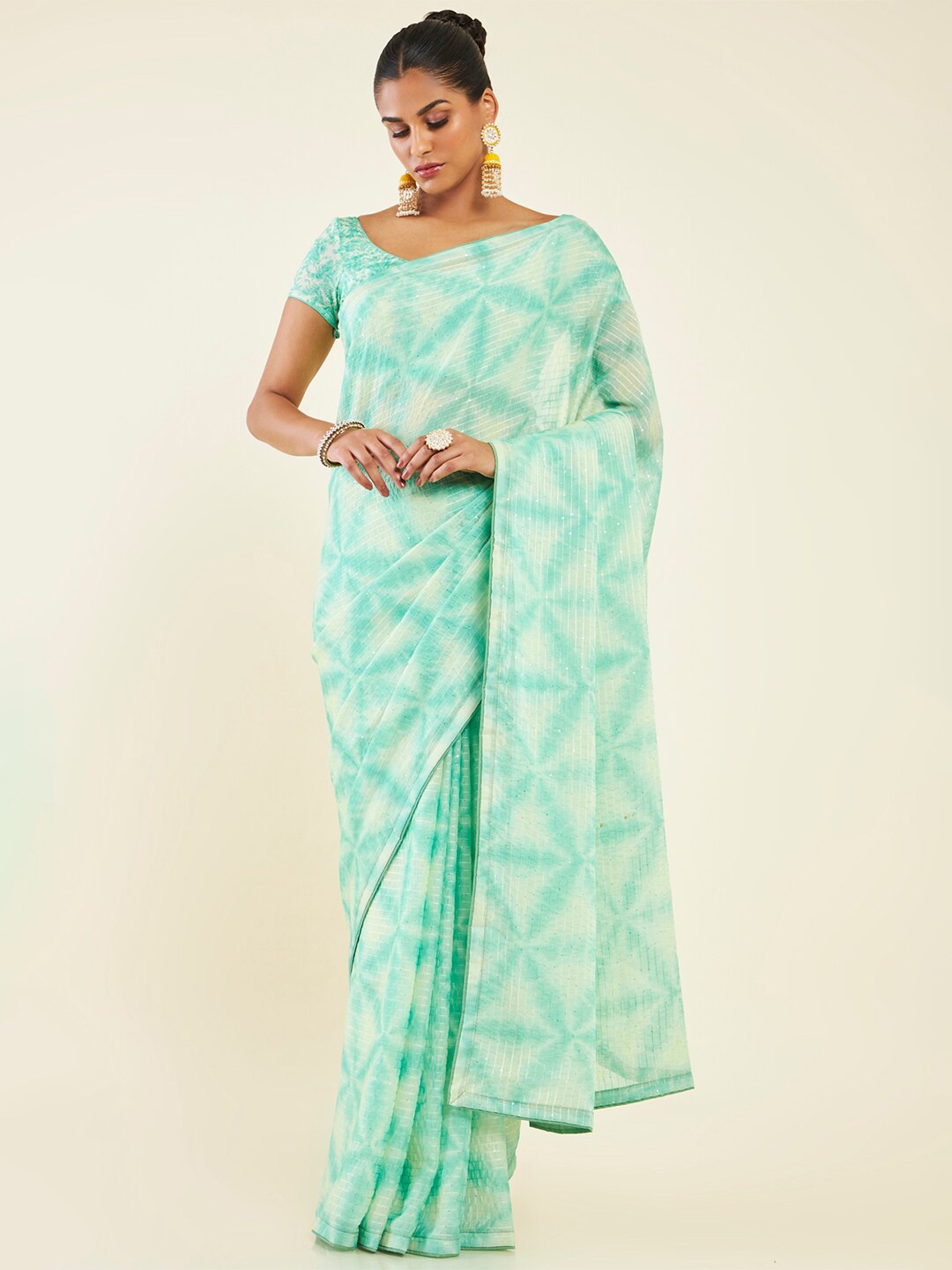 

Soch Floral Printed Sequinned Pure Chiffon Saree, Green