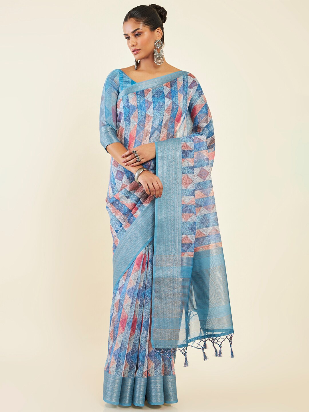 

Soch Ethnic Motifs Printed Zari Pure Silk Chanderi Saree, Turquoise blue