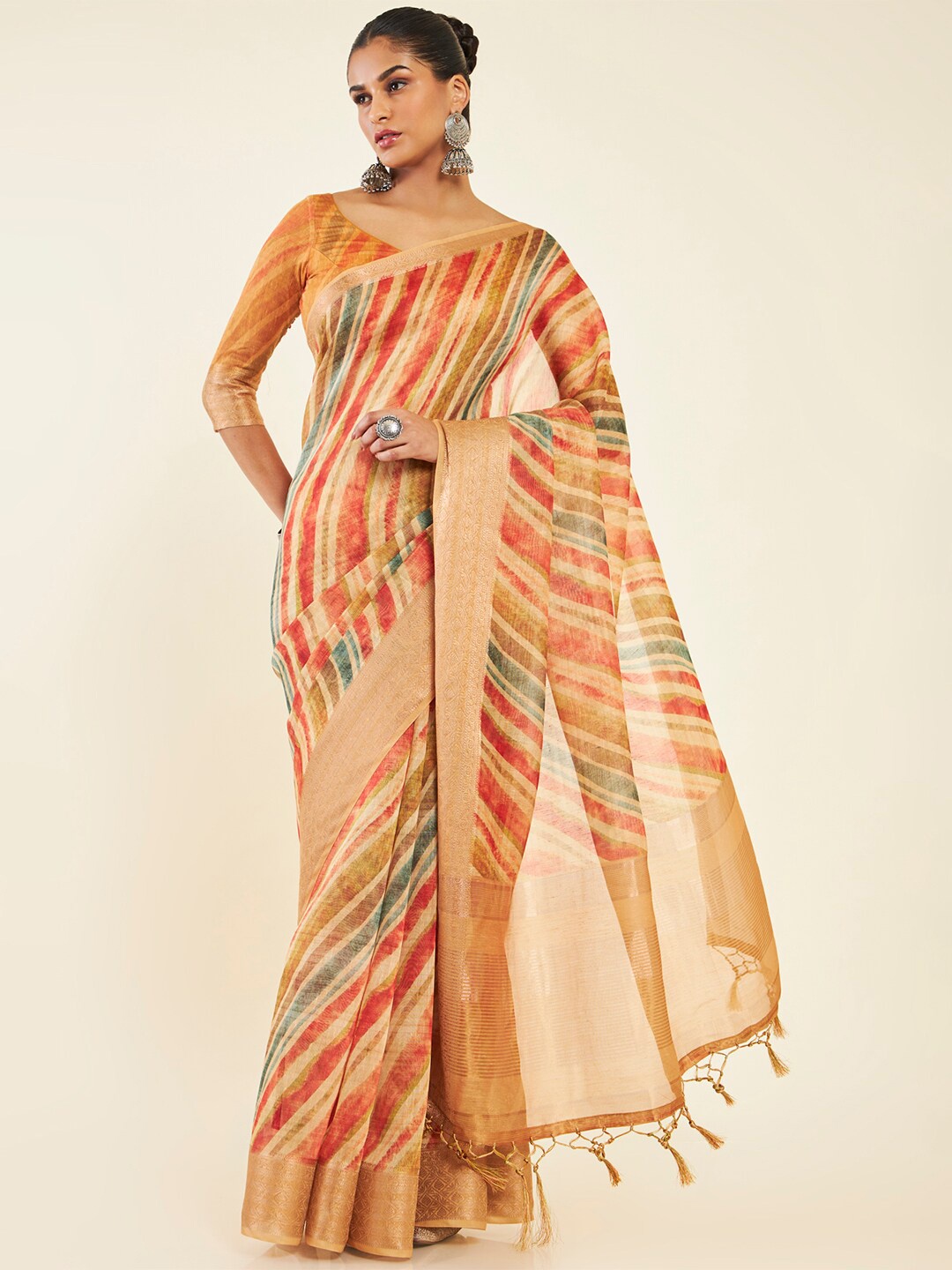 

Soch Striped Zari Pure Silk Chanderi Saree, Yellow