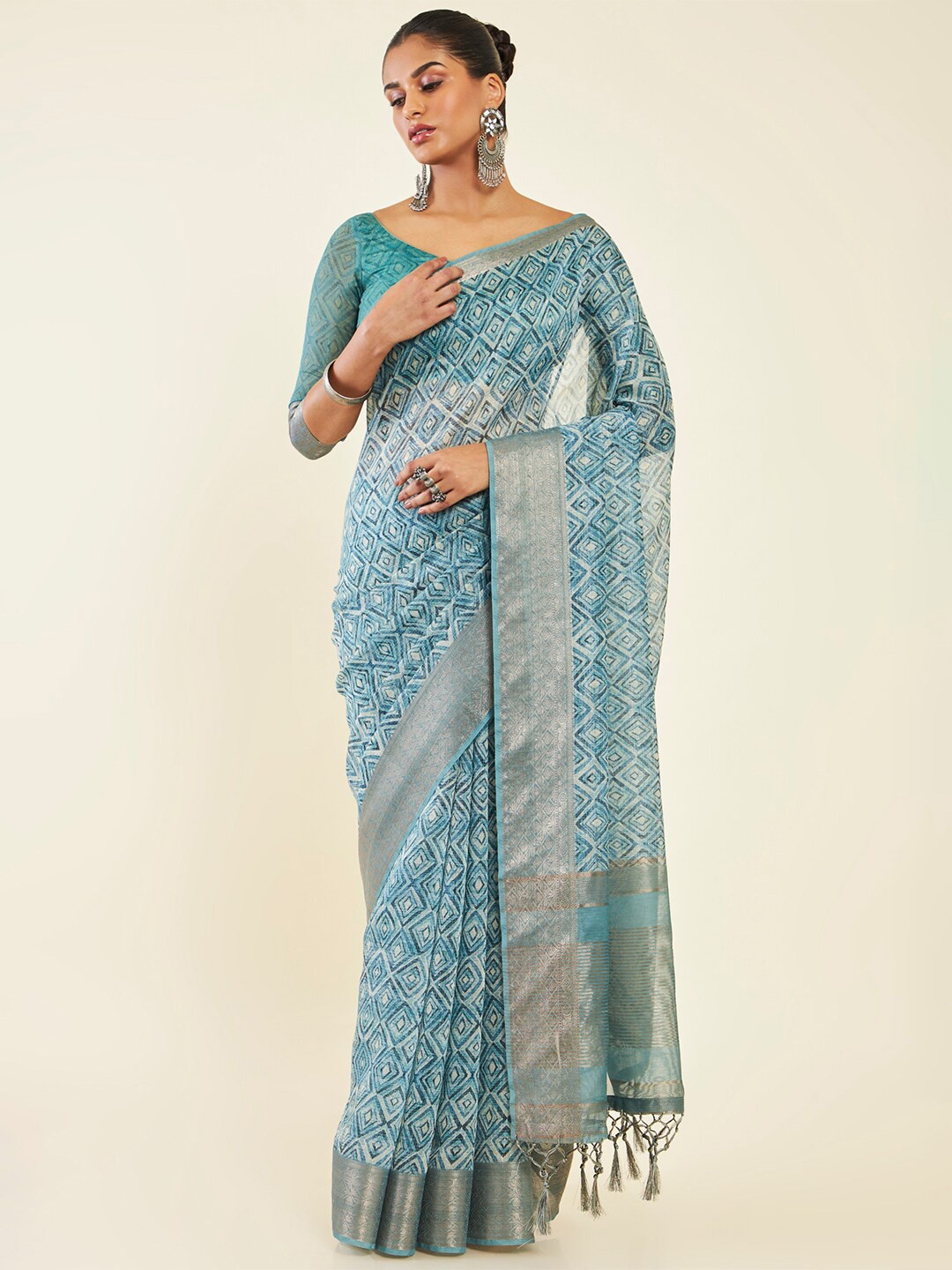 

Soch Geometric Pure Silk Chanderi Zari Saree With Tassel, Teal