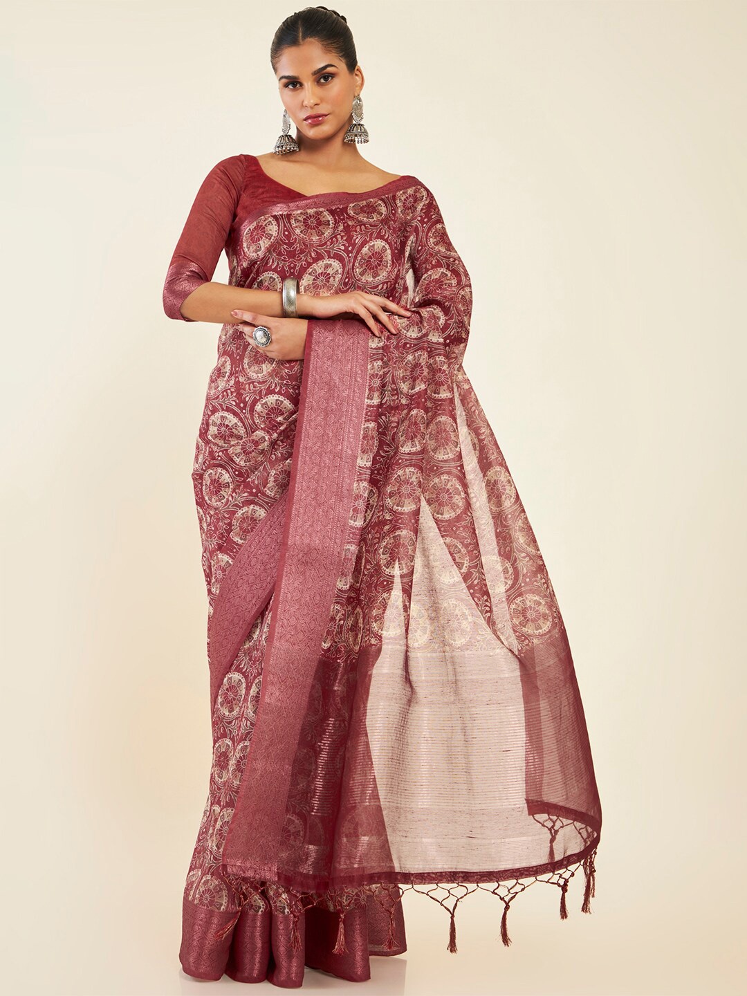 

Soch Ethnic Motifs Pure Silk Chanderi Zari Saree With Tassel, Maroon