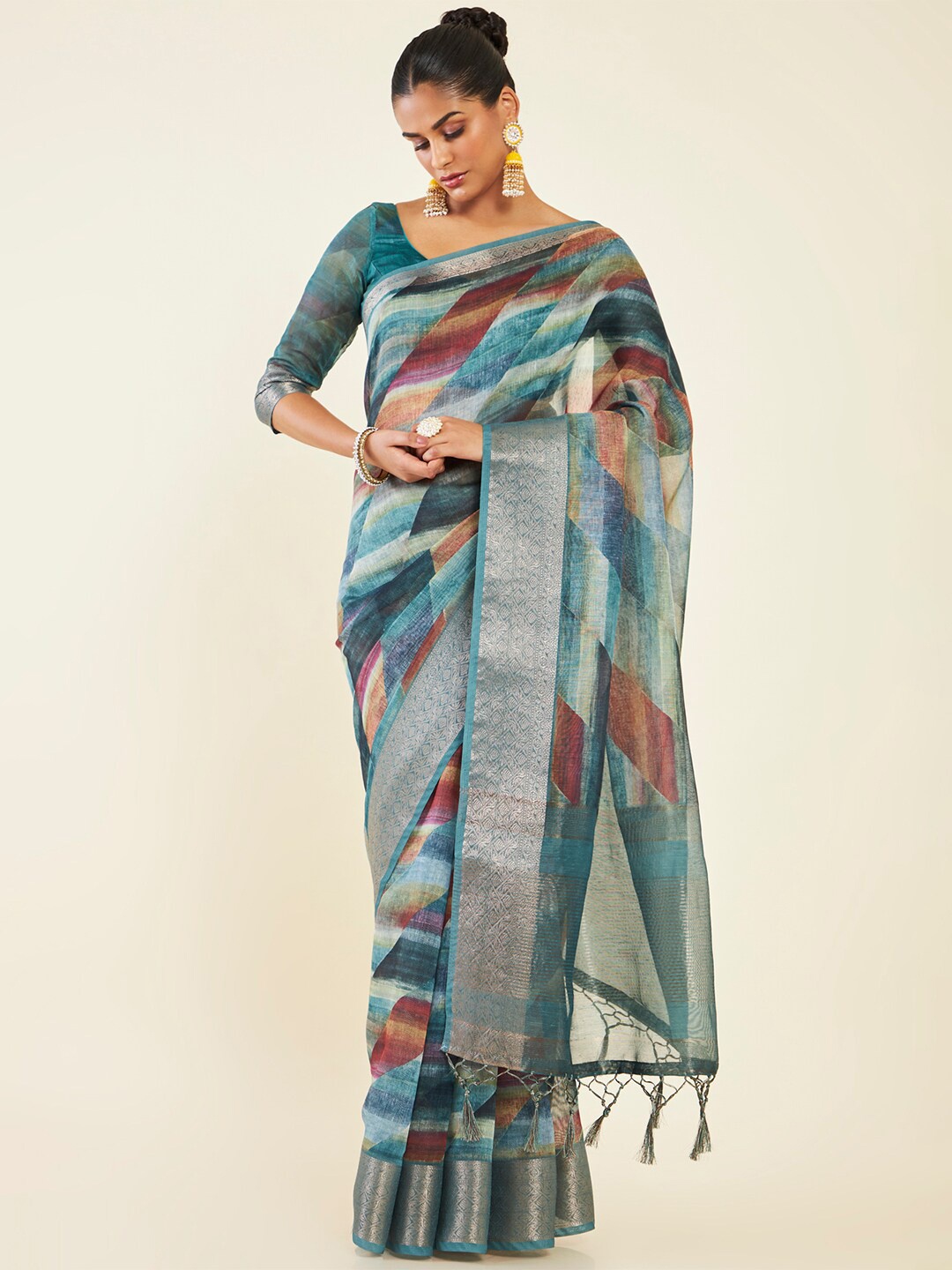 

Soch Abstract Printed Zari Pure Silk Chanderi Saree, Teal