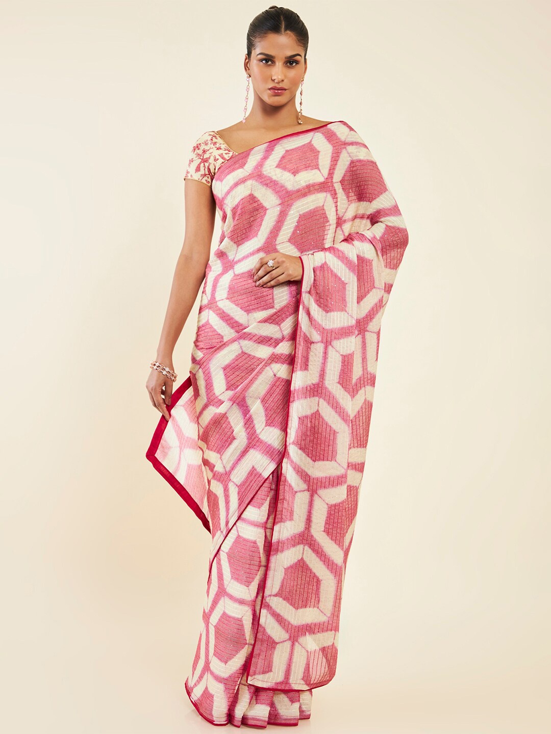

Soch Geometric Printed Sequinned Pure Chiffon Saree, Pink