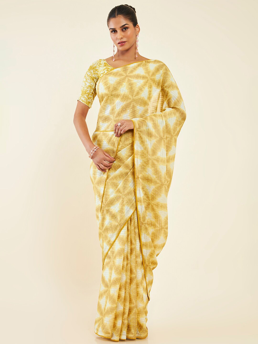 

Soch Tie & Dye Printed Sequinned Pure Chiffon Saree, Mustard