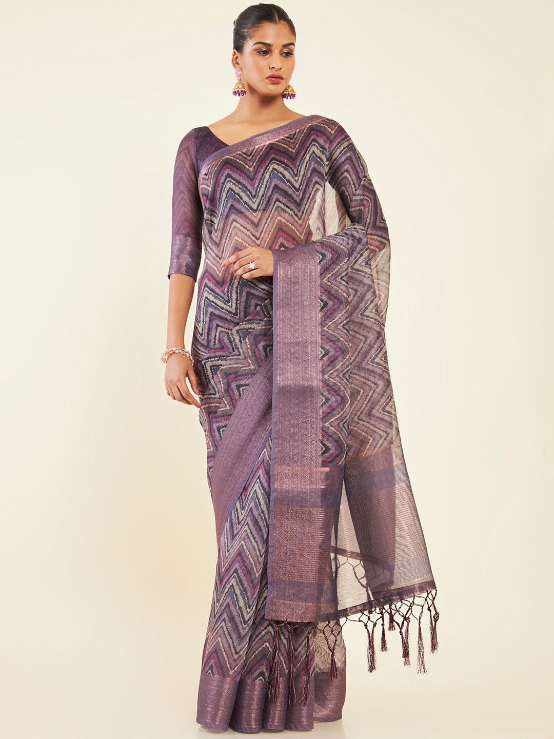 

Soch Geometric Printed Zari Pure Silk Chanderi Saree, Purple