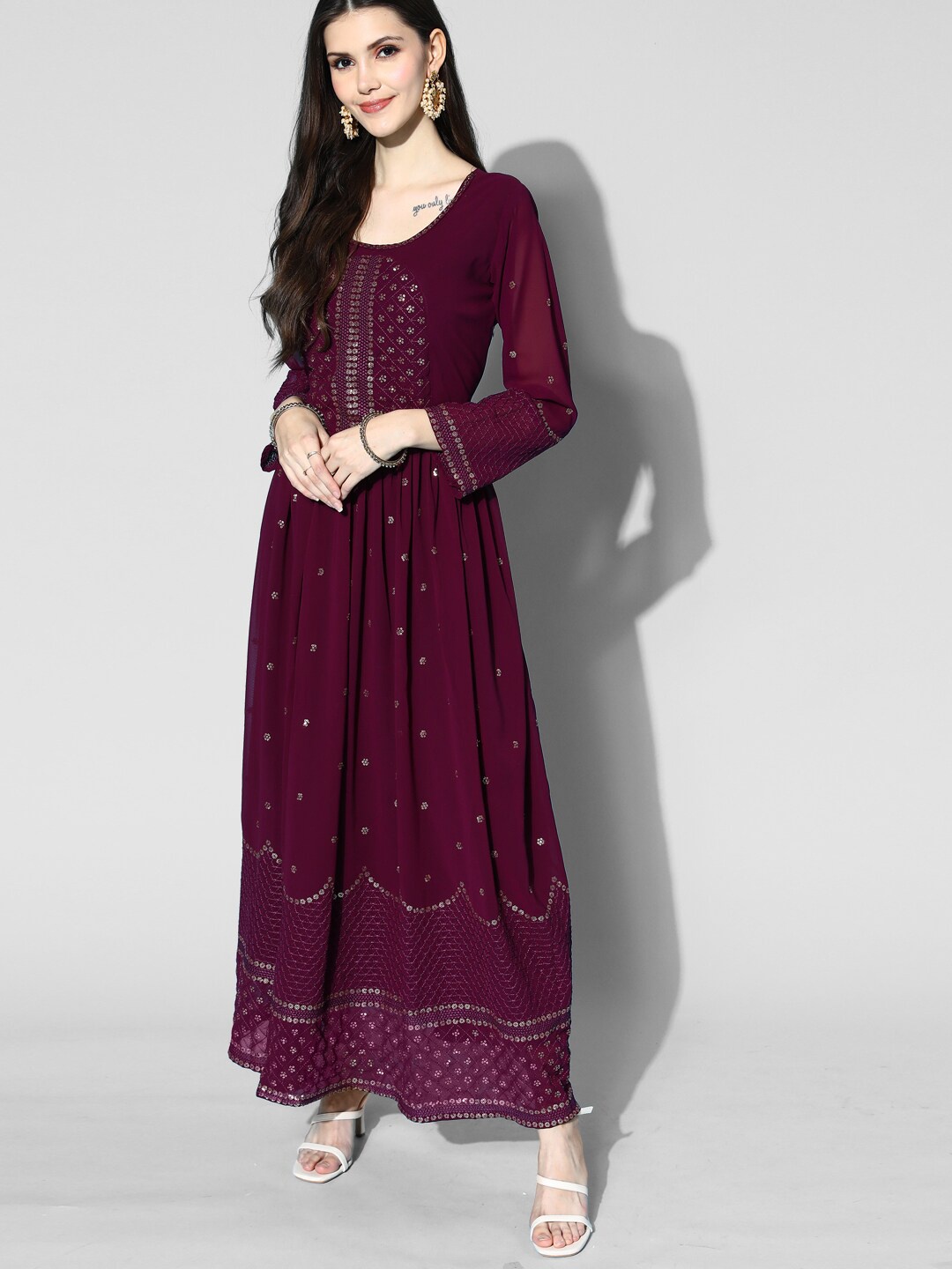 

Kvsfab Embroidered Georgette Long Sleeves Maxi A-Line Ethnic Dress, Burgundy