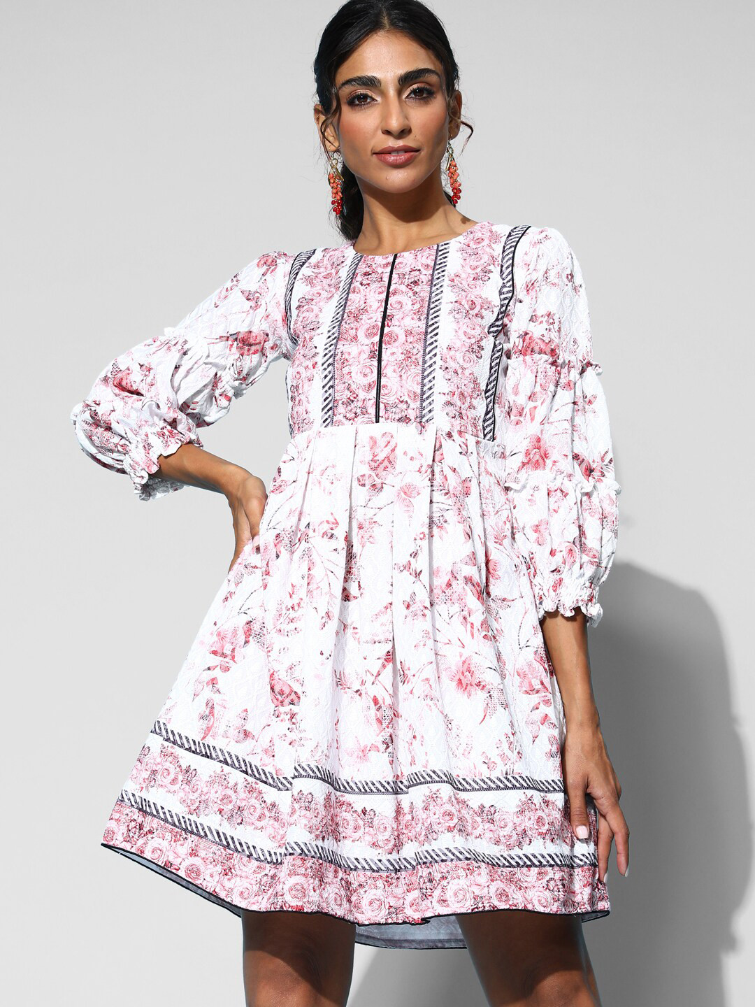 

Kvsfab Floral Printed Cotton Round Neck Puff Sleeve A-Line Dress, White