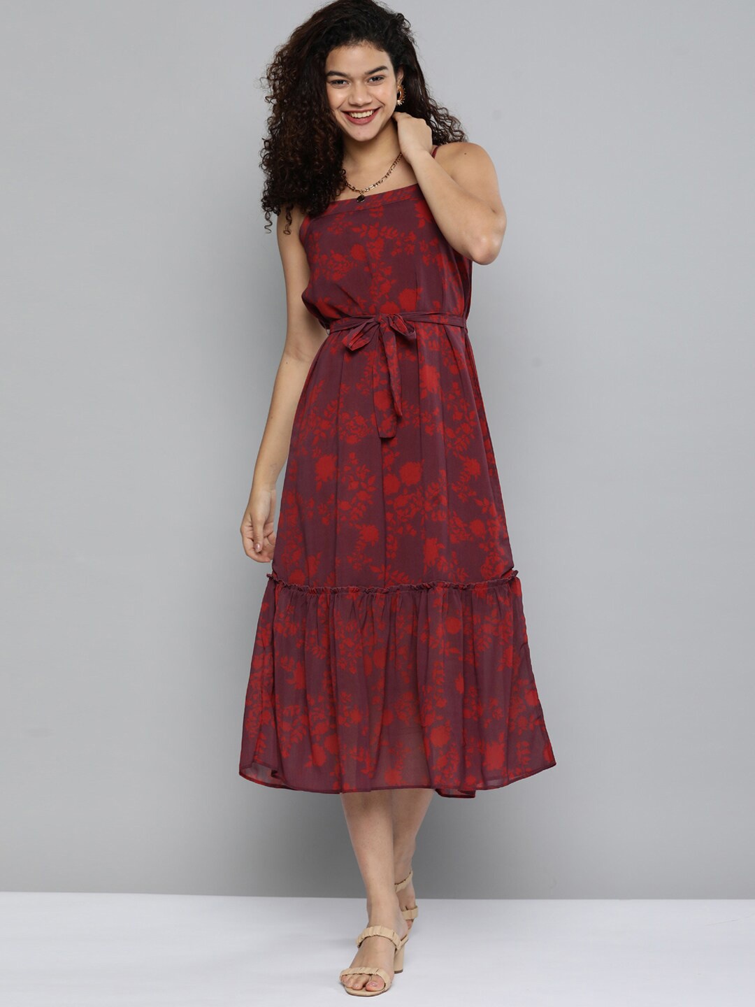 

Kvsfab Floral Printed Georgette Sleeveless Midi A-Line Dress with Belt, Maroon
