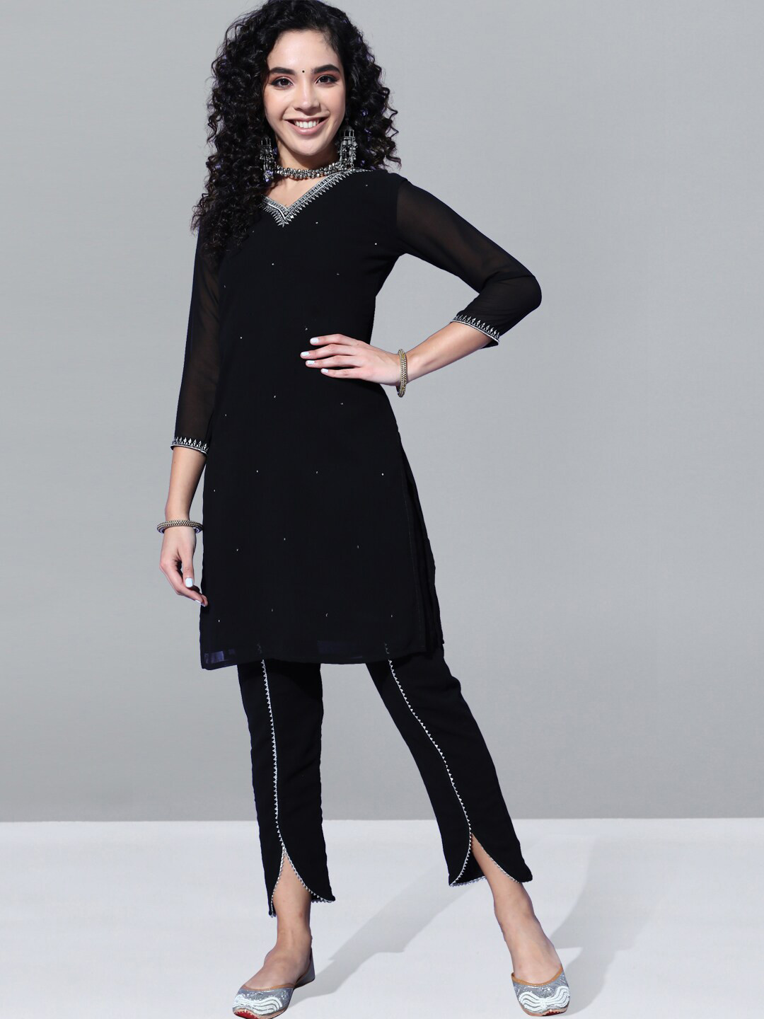 

Kvsfab Embroidered V Neck Sequinned Kurta With Dhoti Pants, Black