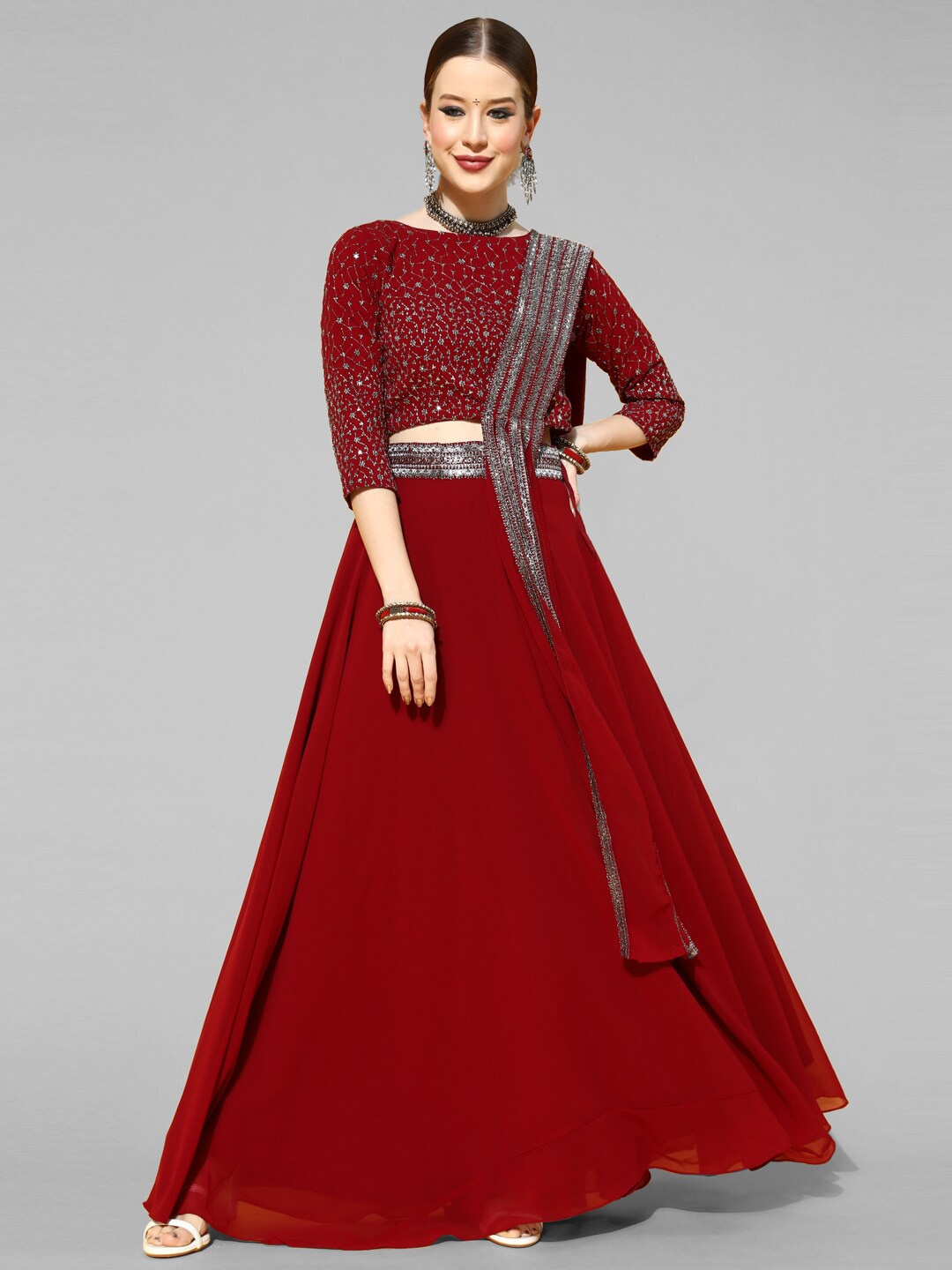 

Kvsfab Embellished Ready to Wear Lehenga & Blouse With Dupatta, Maroon