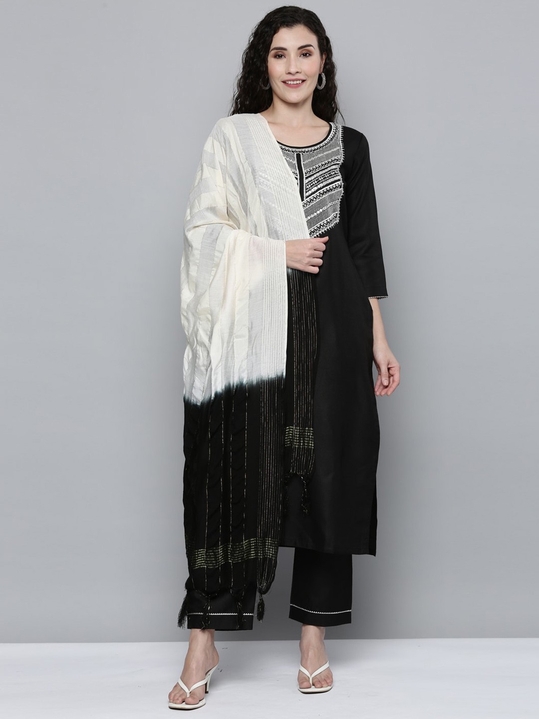 

Kvsfab Embroidered Mirror Work Kurta With Trousers & Dupatta, Black