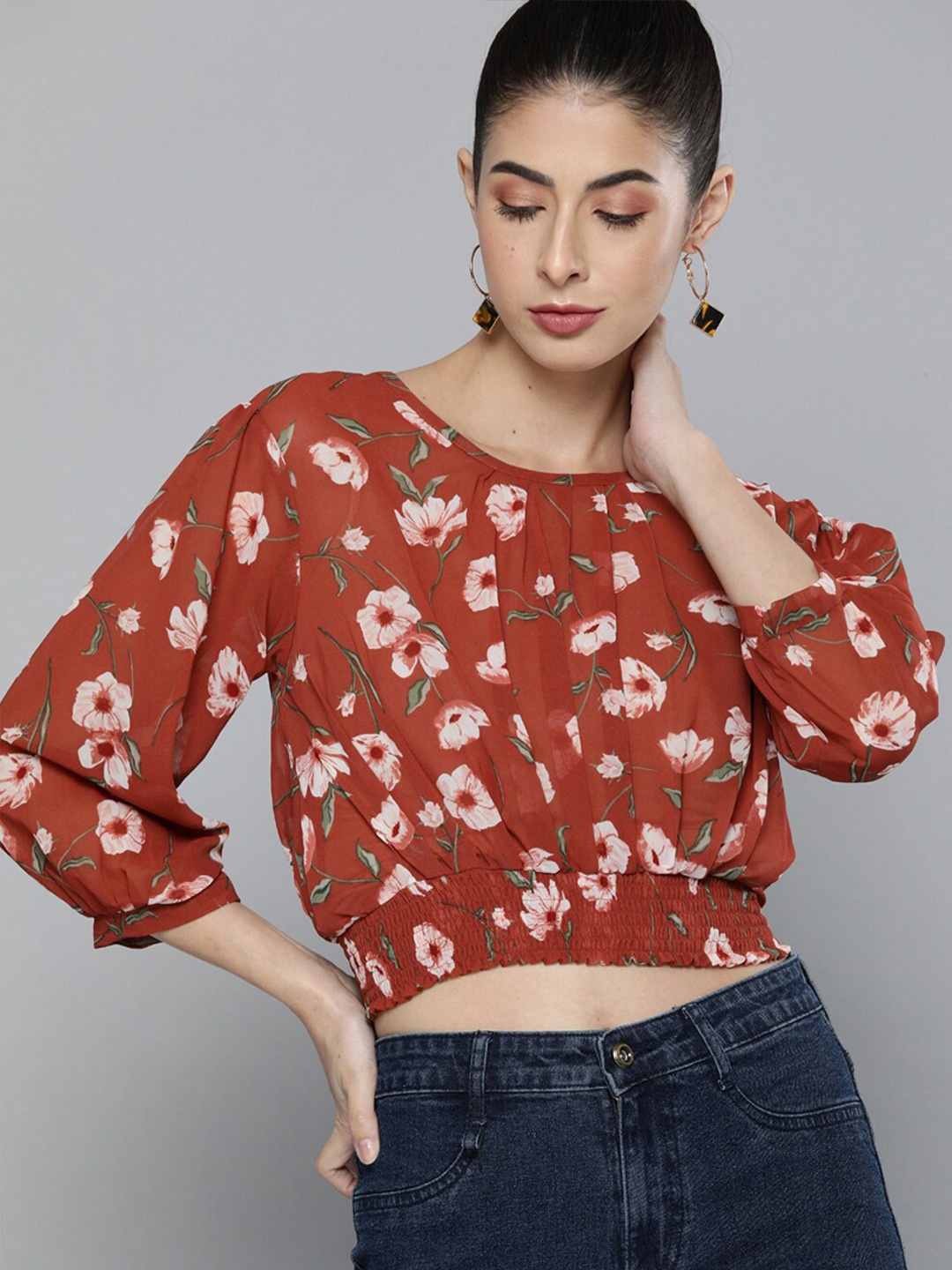 Kvsfab Rust Floral Printed Puff Sleeves Blouson Crop Top