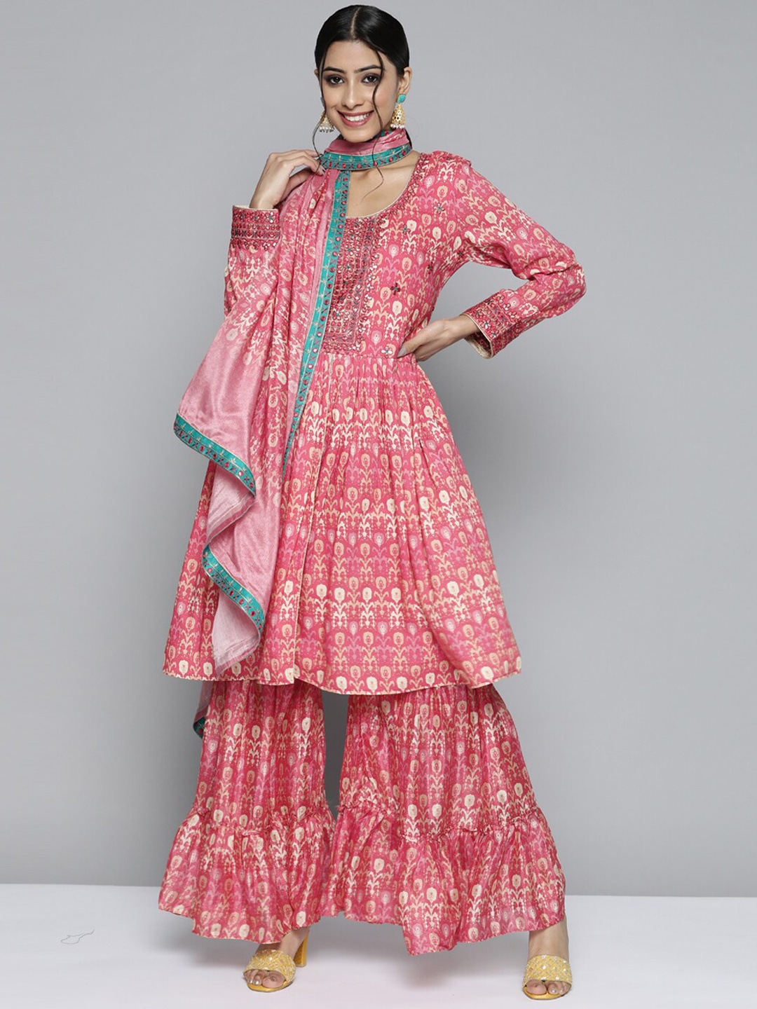 

Kvsfab Floral Printed Mirror Work Anarkali Kurta With Sharara & Dupatta, Pink
