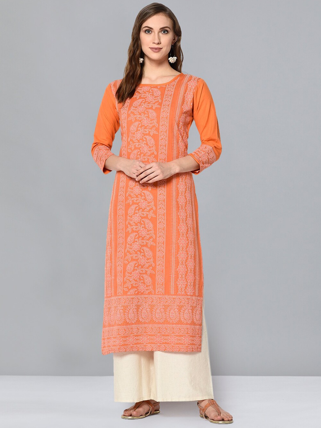 

Kvsfab Ethnic Motifs Embroidered Chikankari Cotton Kurta, Orange