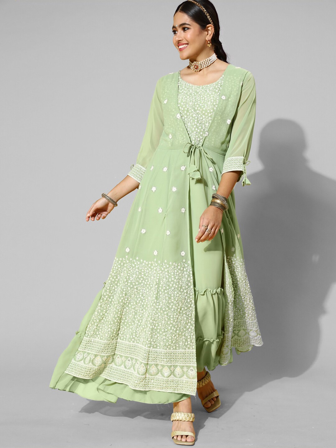 

Kvsfab Embroidered Georgette Round Neck Maxi A-Line Ethnic Dress, Green
