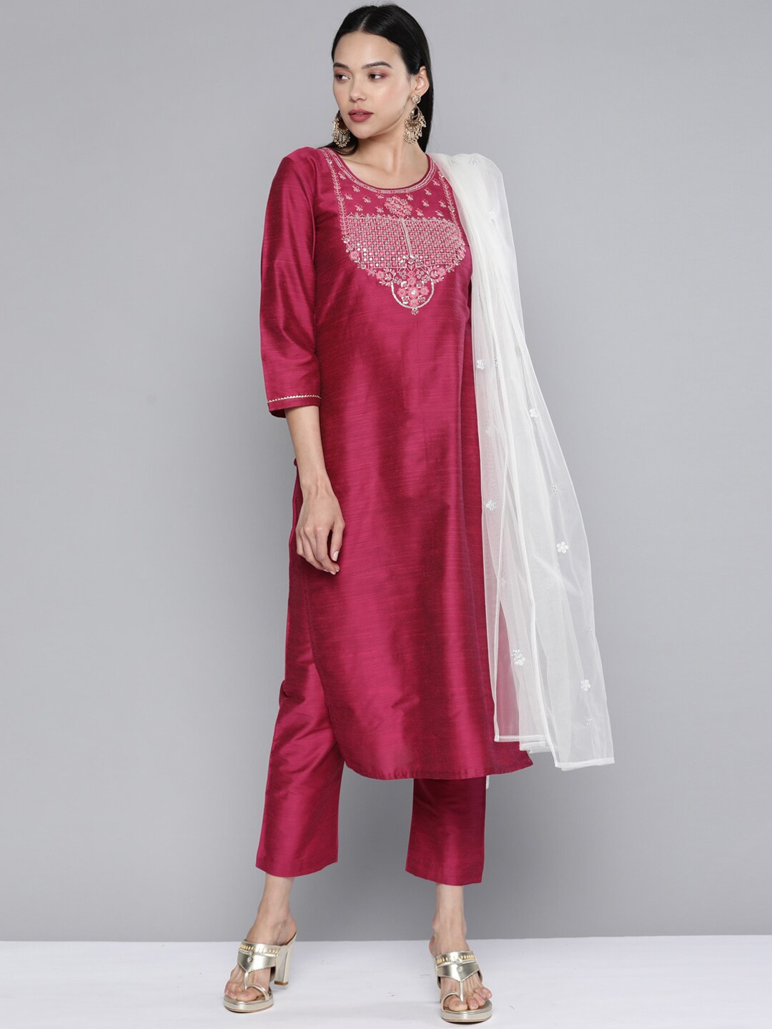 

Kvsfab Floral Yoke Design Mirror Work Kurta with Trousers & With Dupatta, Magenta