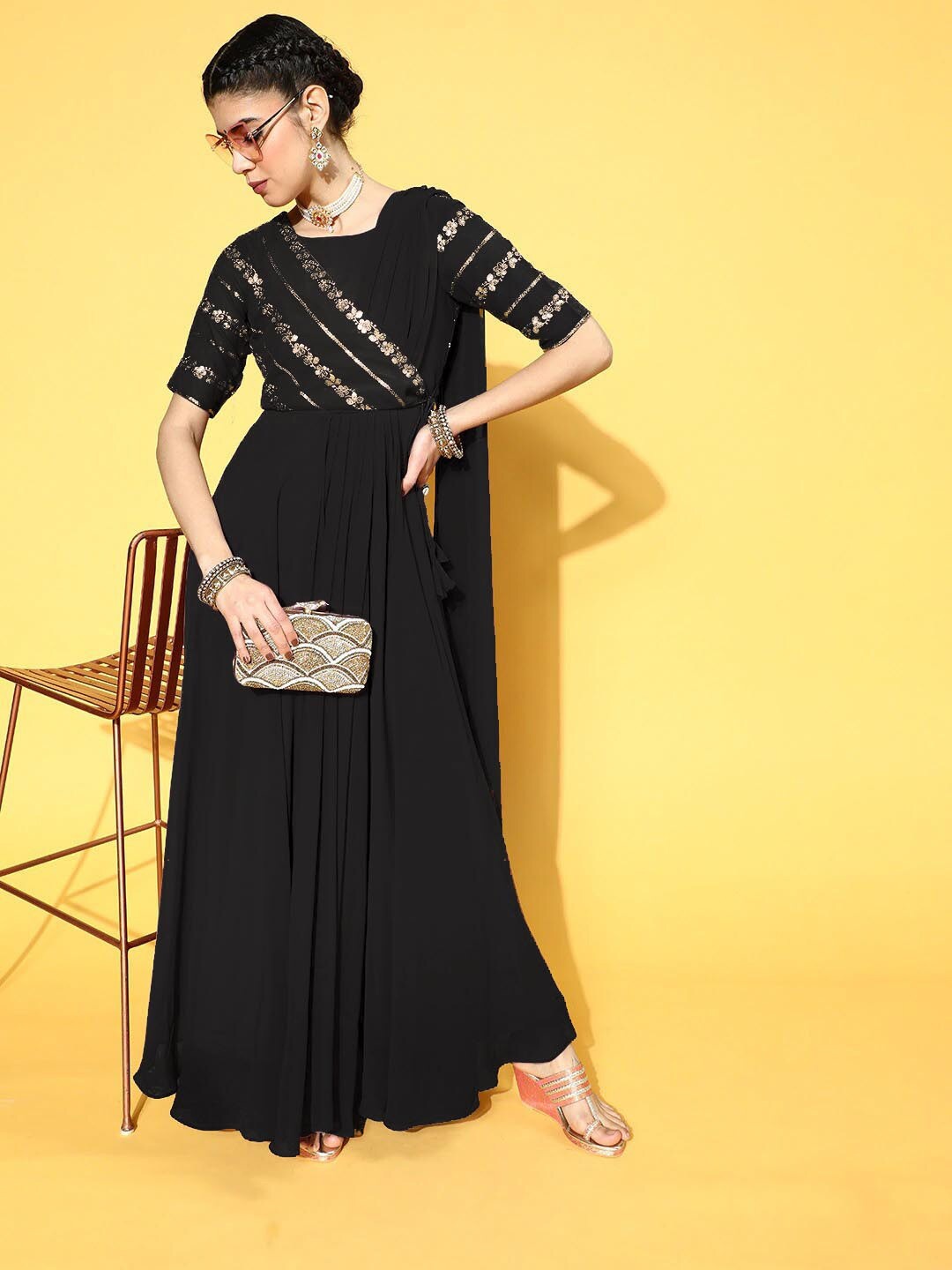 

FashTown Ethnic Motifs Embellished Georgette Maxi Ethnic Dress, Black