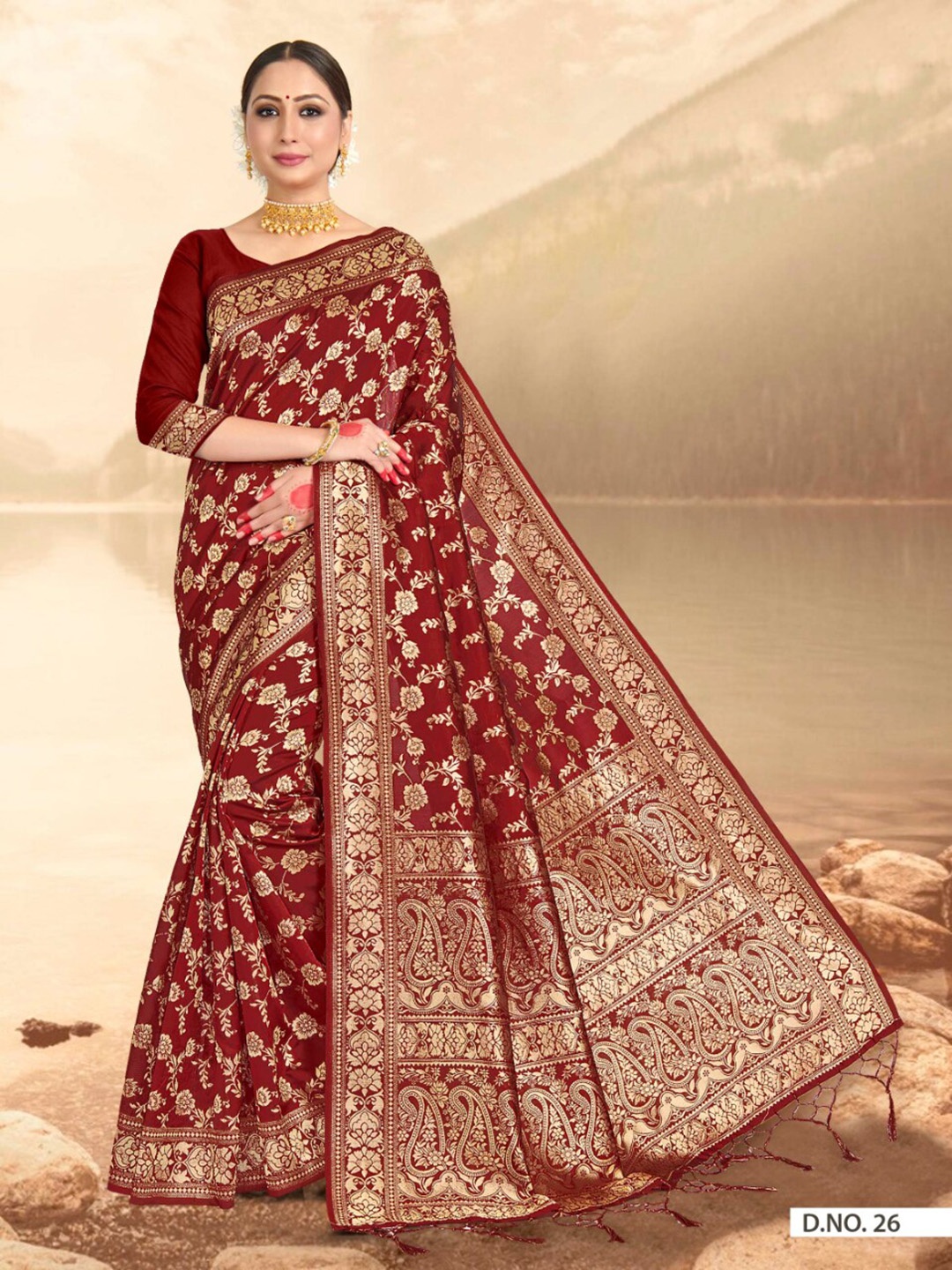 

Vardha Floral Woven Design Zari Silk Blend Banarasi Saree, Maroon